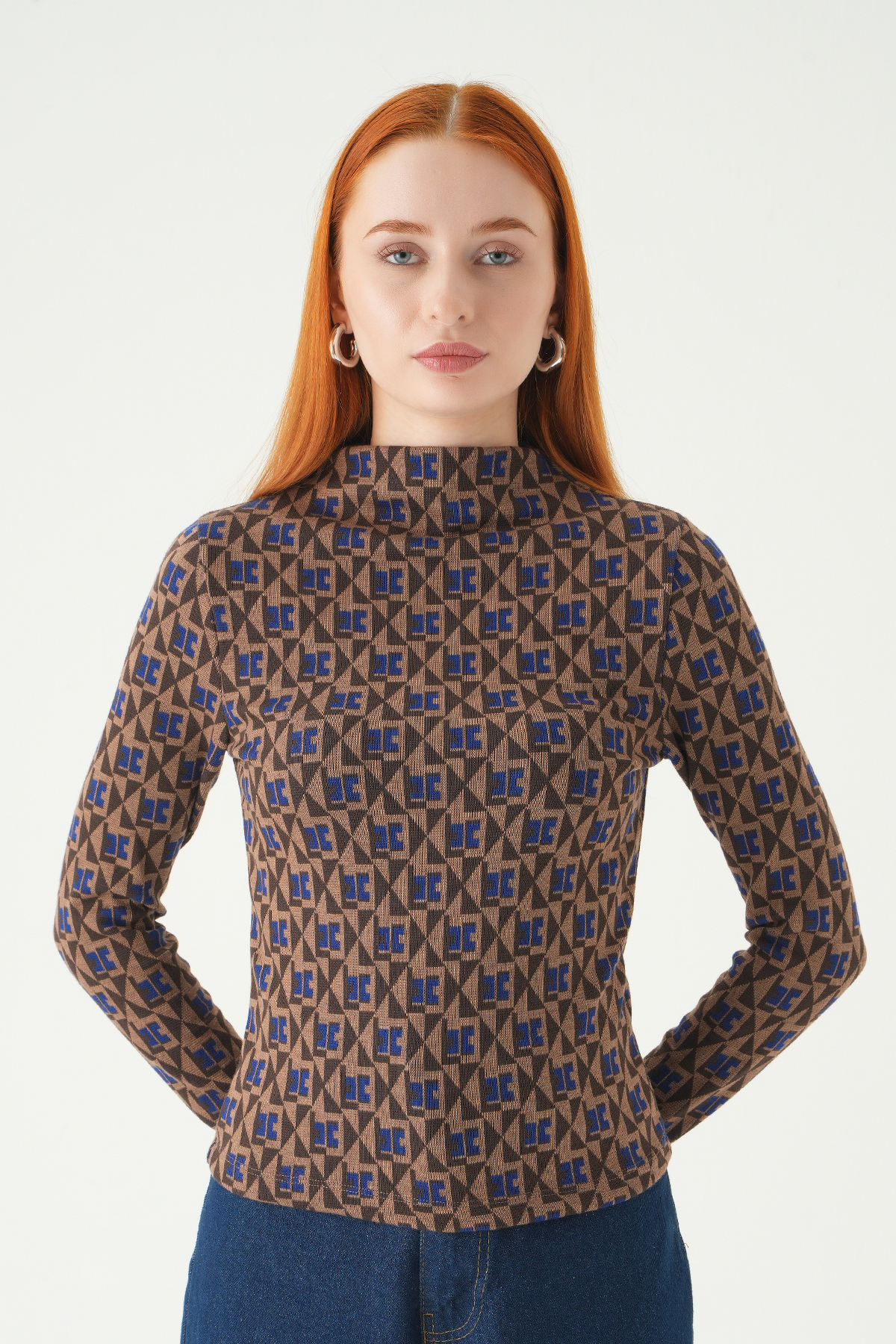 242143 Desenli Dik yaka Bluz Mavi - RAYS