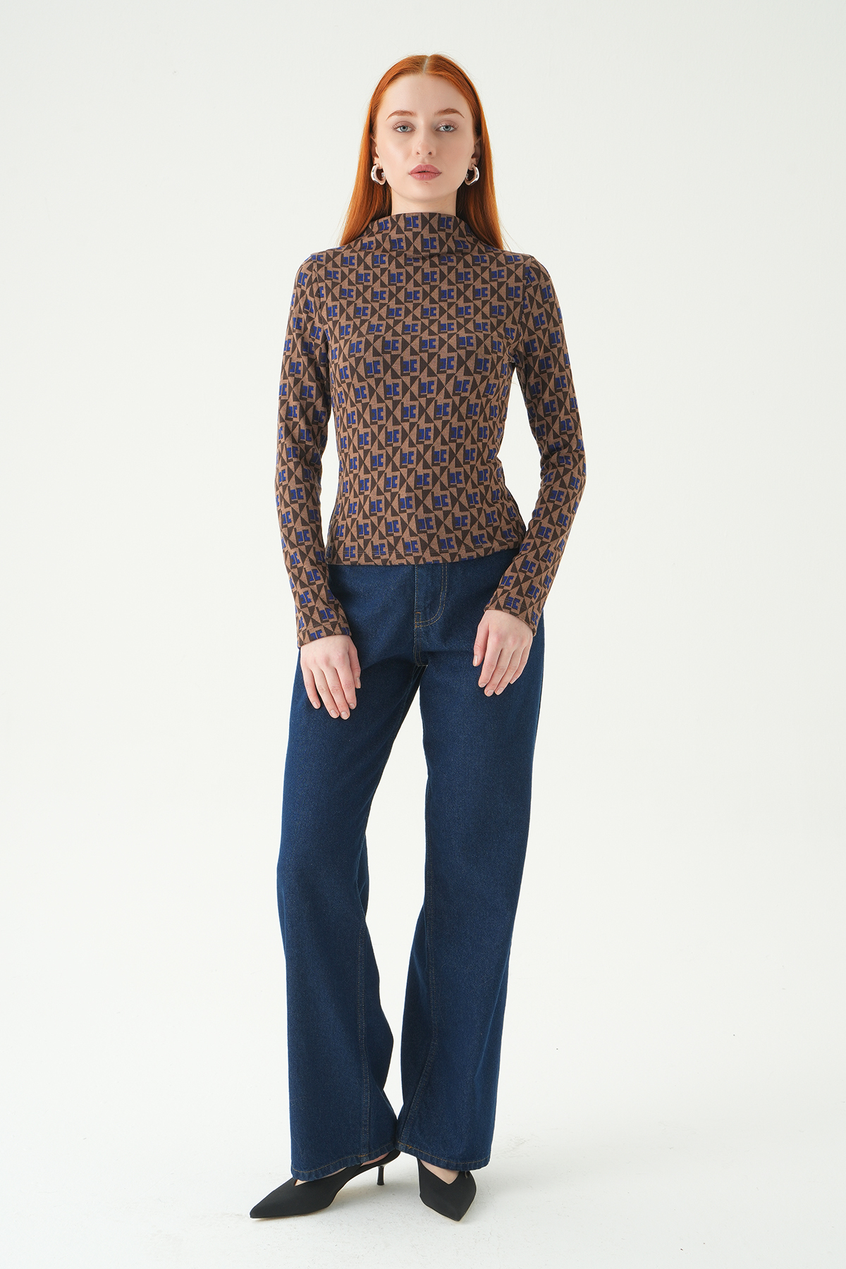 242143 Desenli Dik yaka Bluz Mavi - RAYS