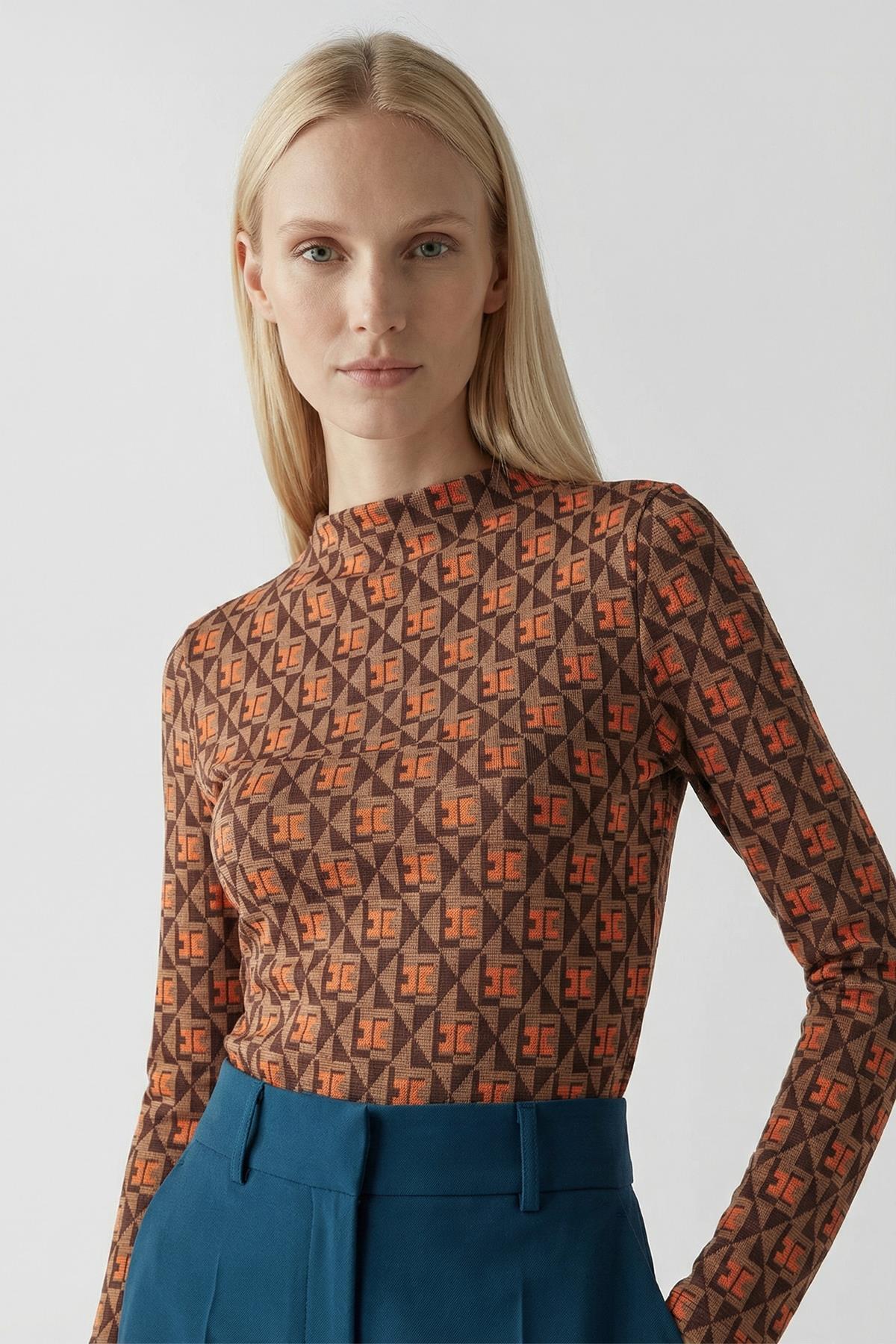 242143 Desenli Dik yaka Bluz Orange 