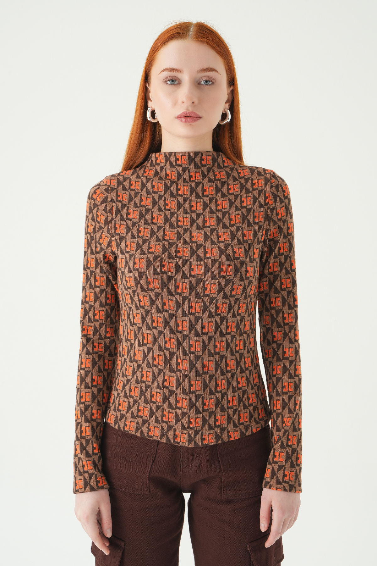 242143 Desenli Dik yaka Bluz Orange - RAYS