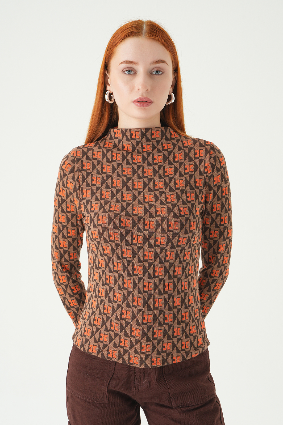 242143 Desenli Dik yaka Bluz Orange - RAYS