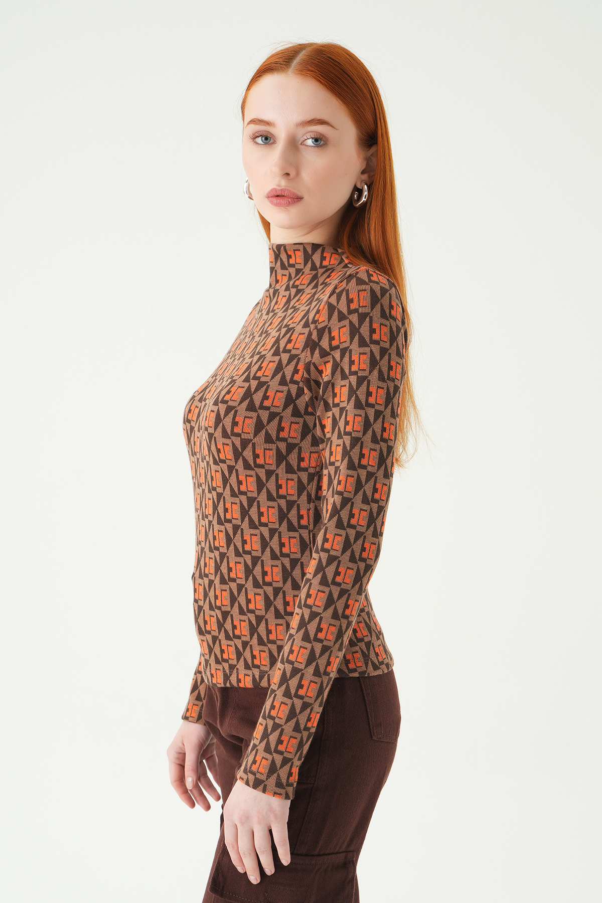 Desenli Dik Yaka Bluz 242143 Orange - 6