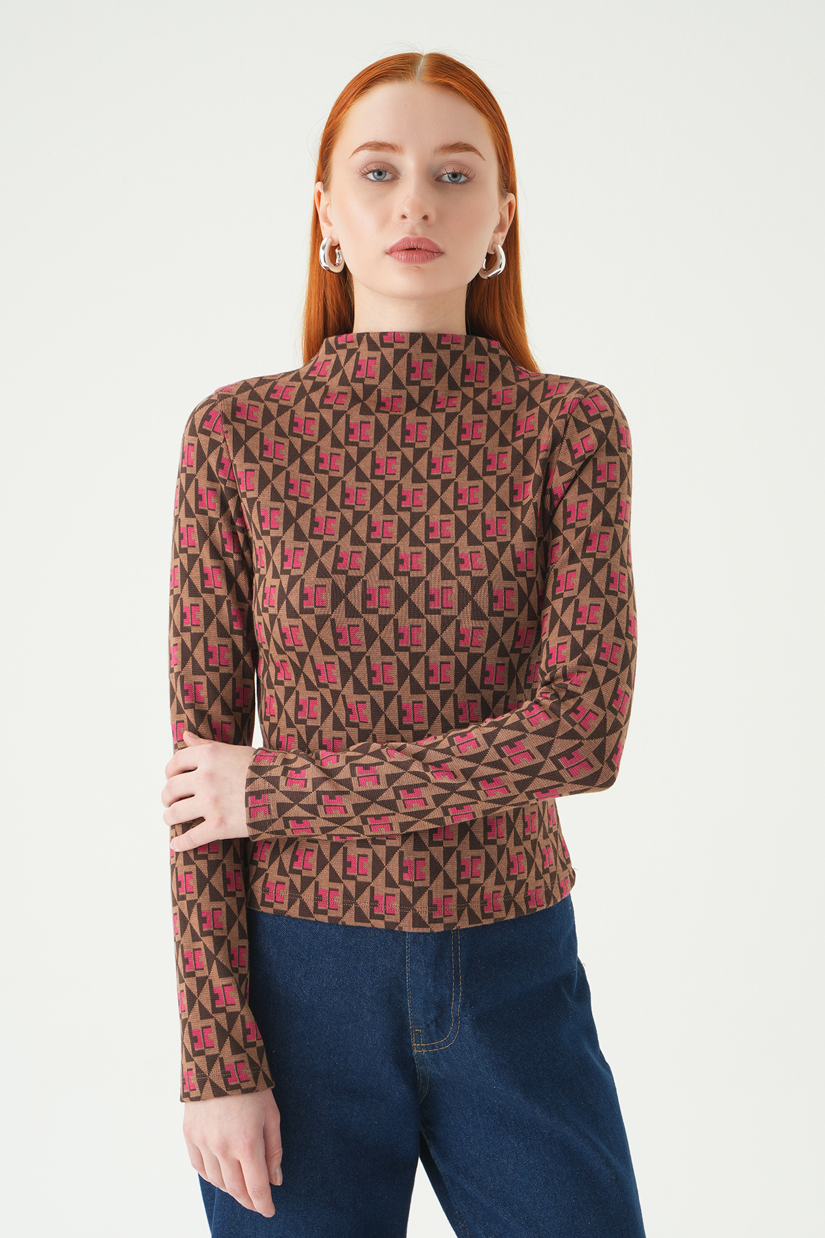 242143 Desenli Dik yaka Bluz Pembe - RAYS