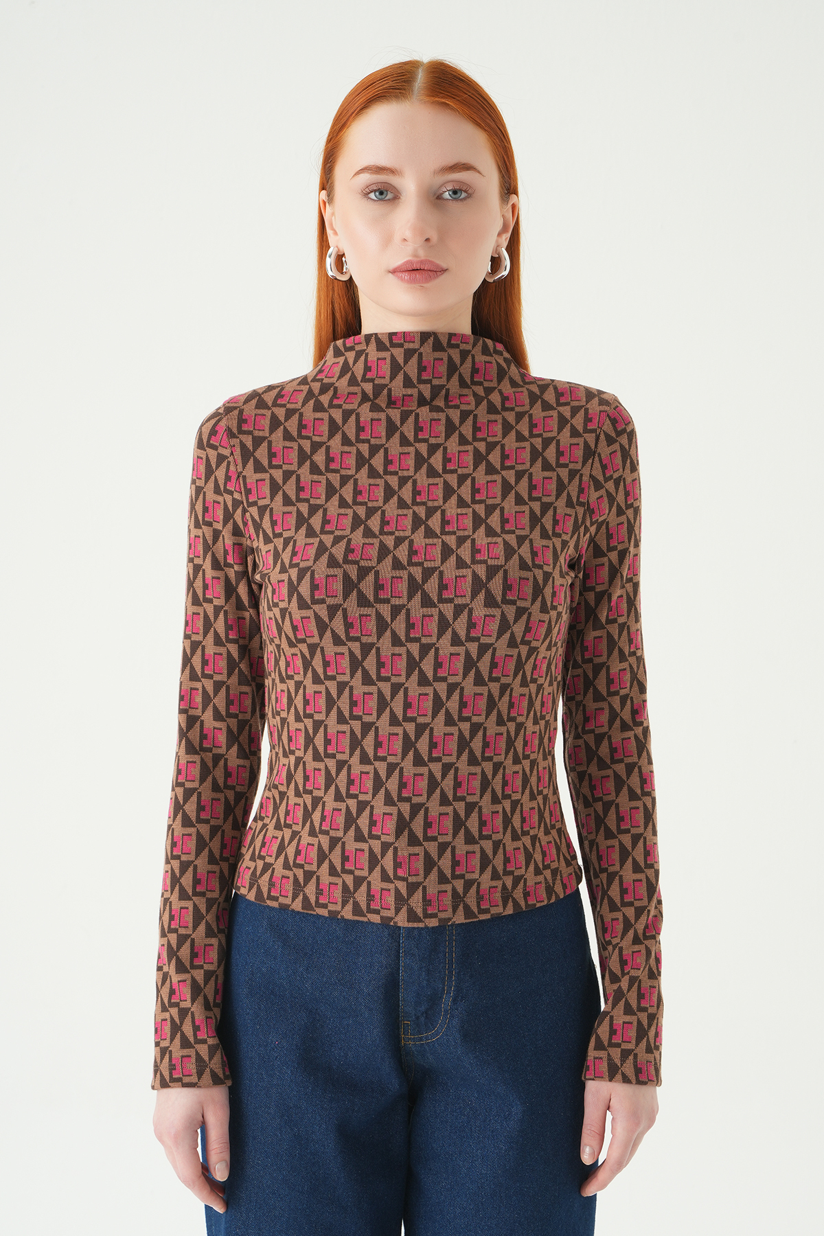 Desenli Dik Yaka Bluz 242143 Pembe - RAYS