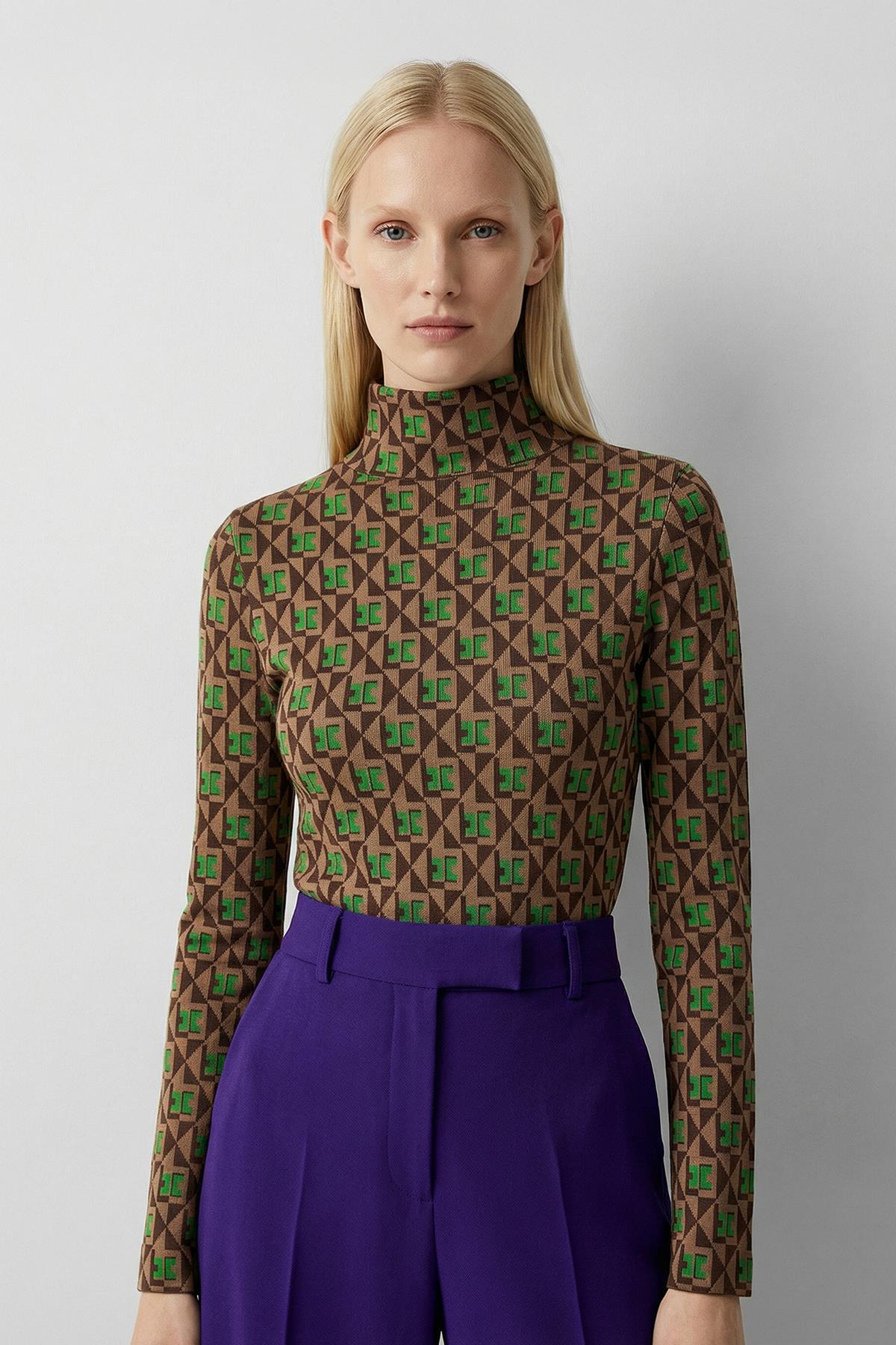 242143 Desenli Dik yaka Bluz Yeşil 