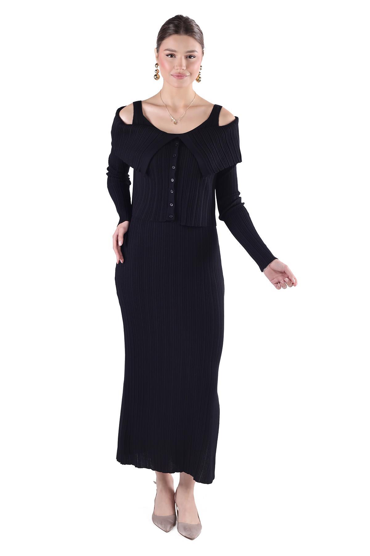 Siyah Madonna Yaka Elbise Takım 24216 