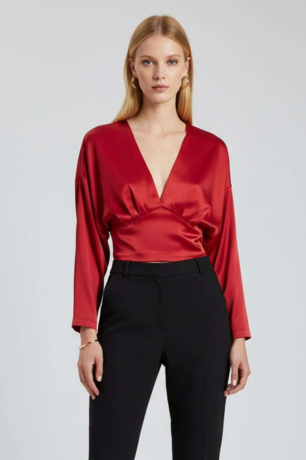 242218 V Yaka Uzun Kol Bluz Kırmızı - 1