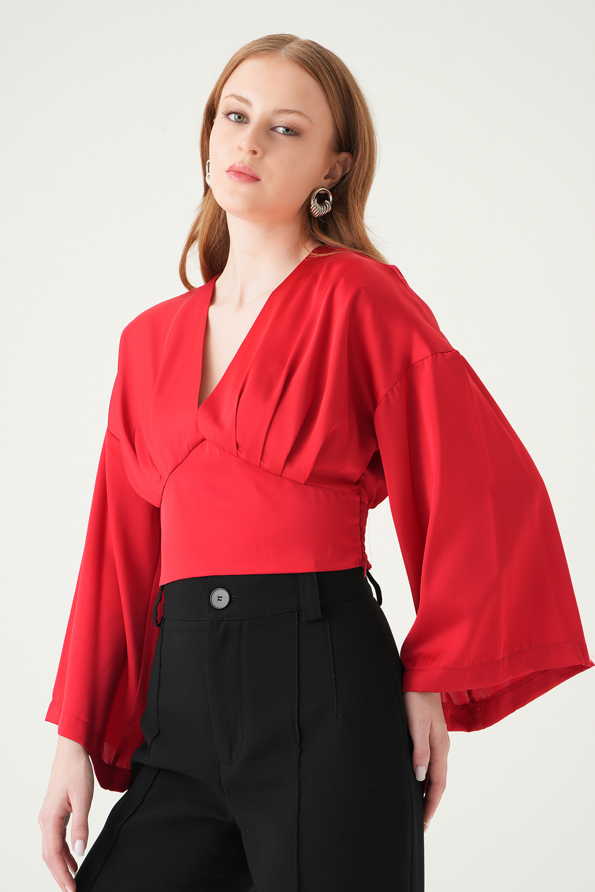 Kırmızı V Yaka Uzun Kol Bluz 242218 - 1