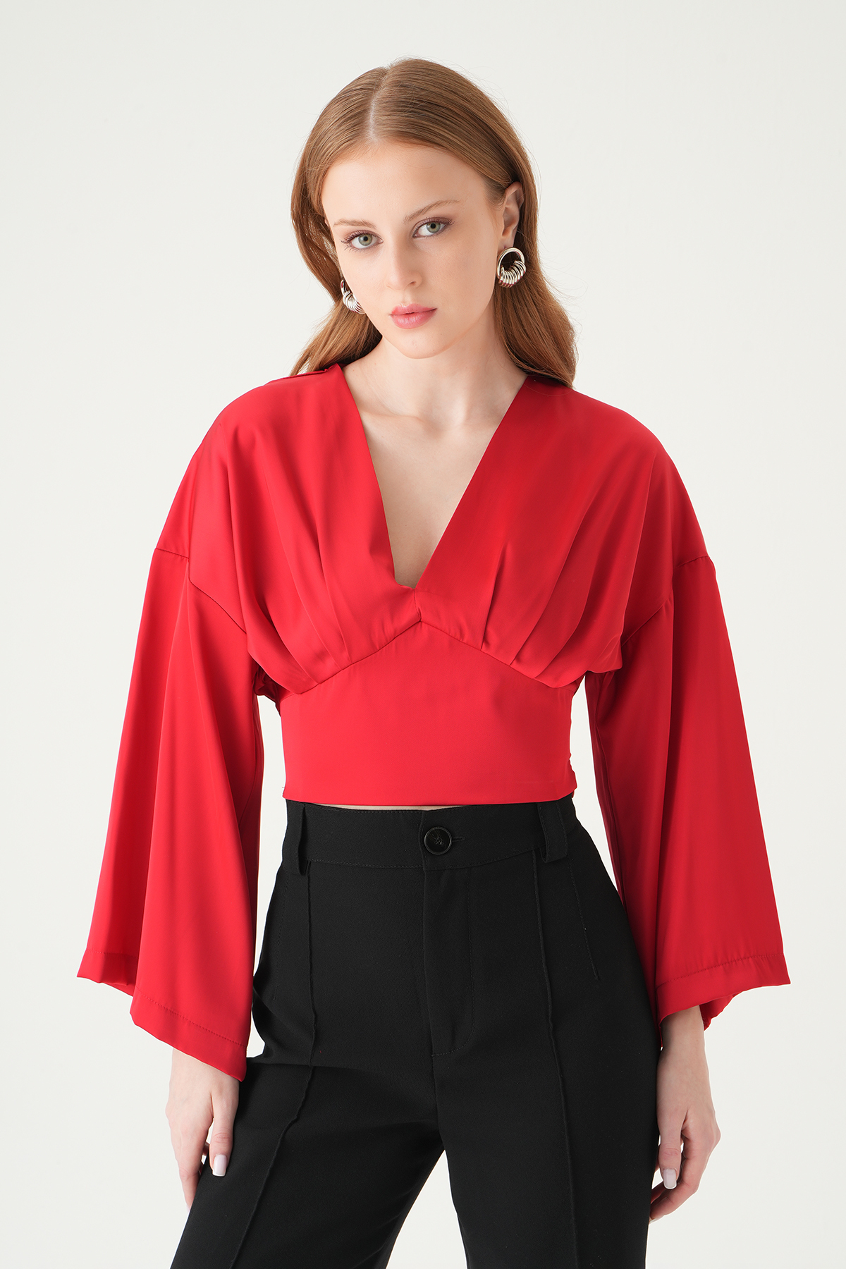 Kırmızı V Yaka Uzun Kol Bluz 242218 - 2
