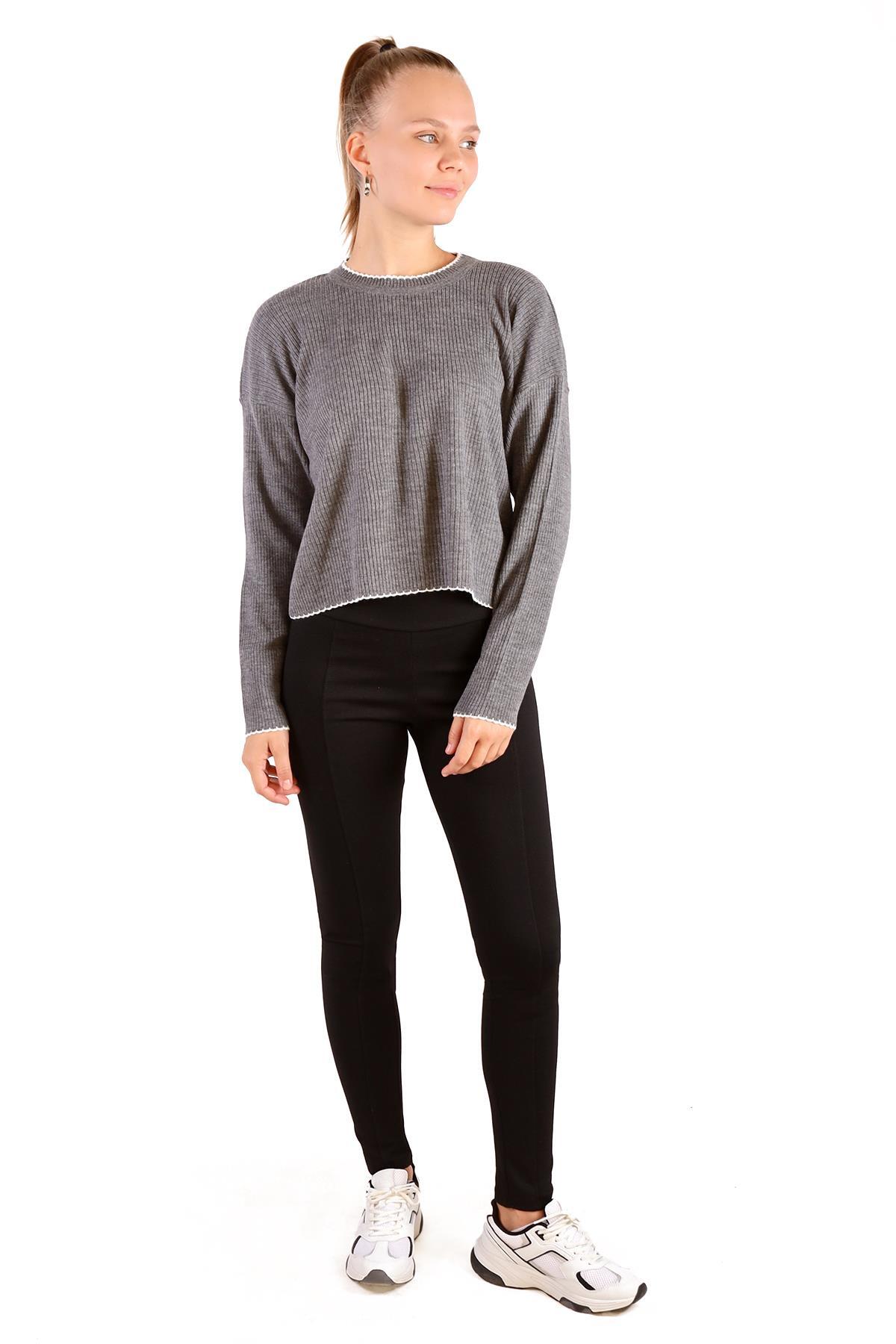 Gri Çoban Dikiş Detay Kazak 24245 - 2