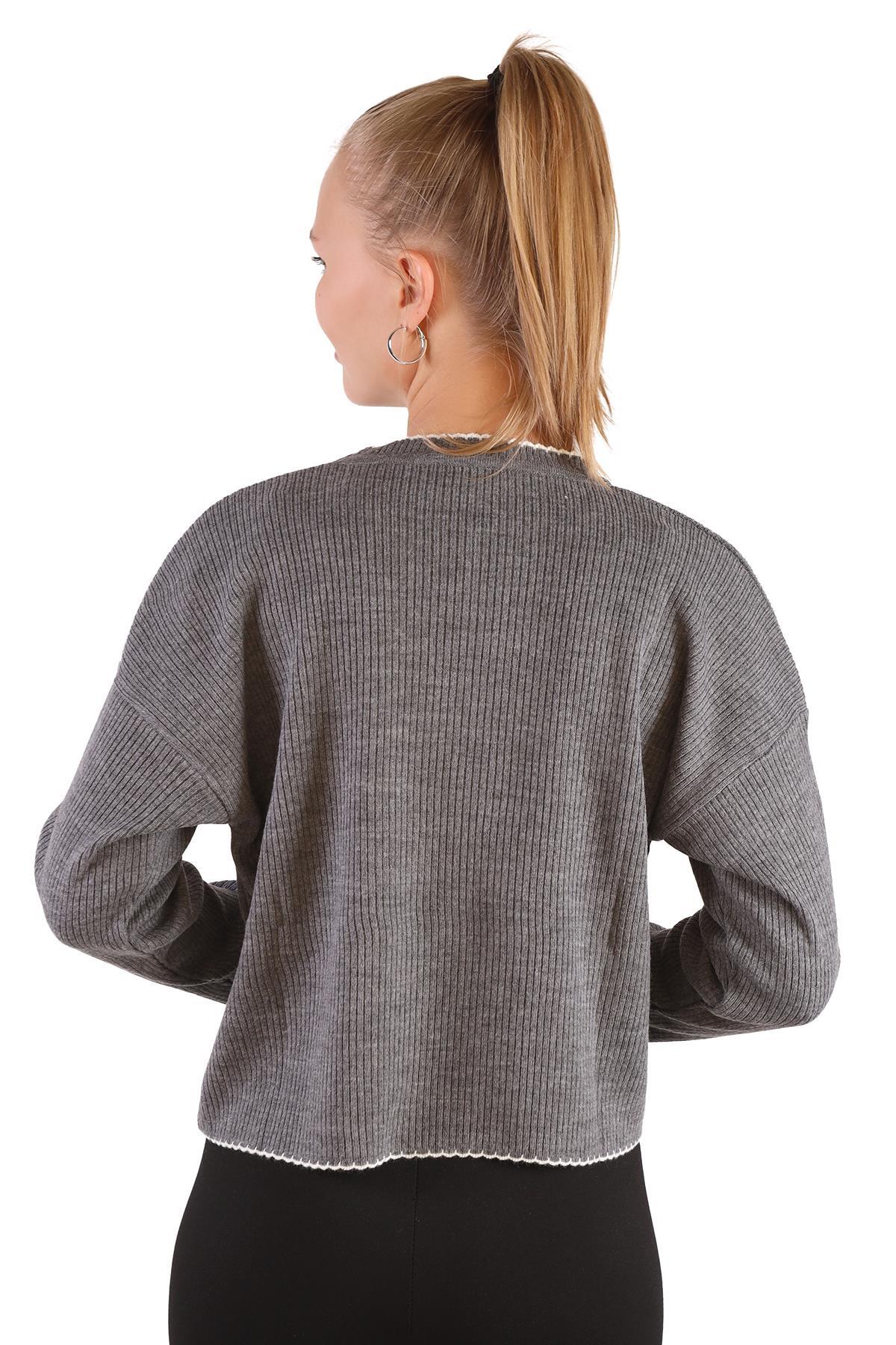 Gri Çoban Dikiş Detay Kazak 24245 - 5