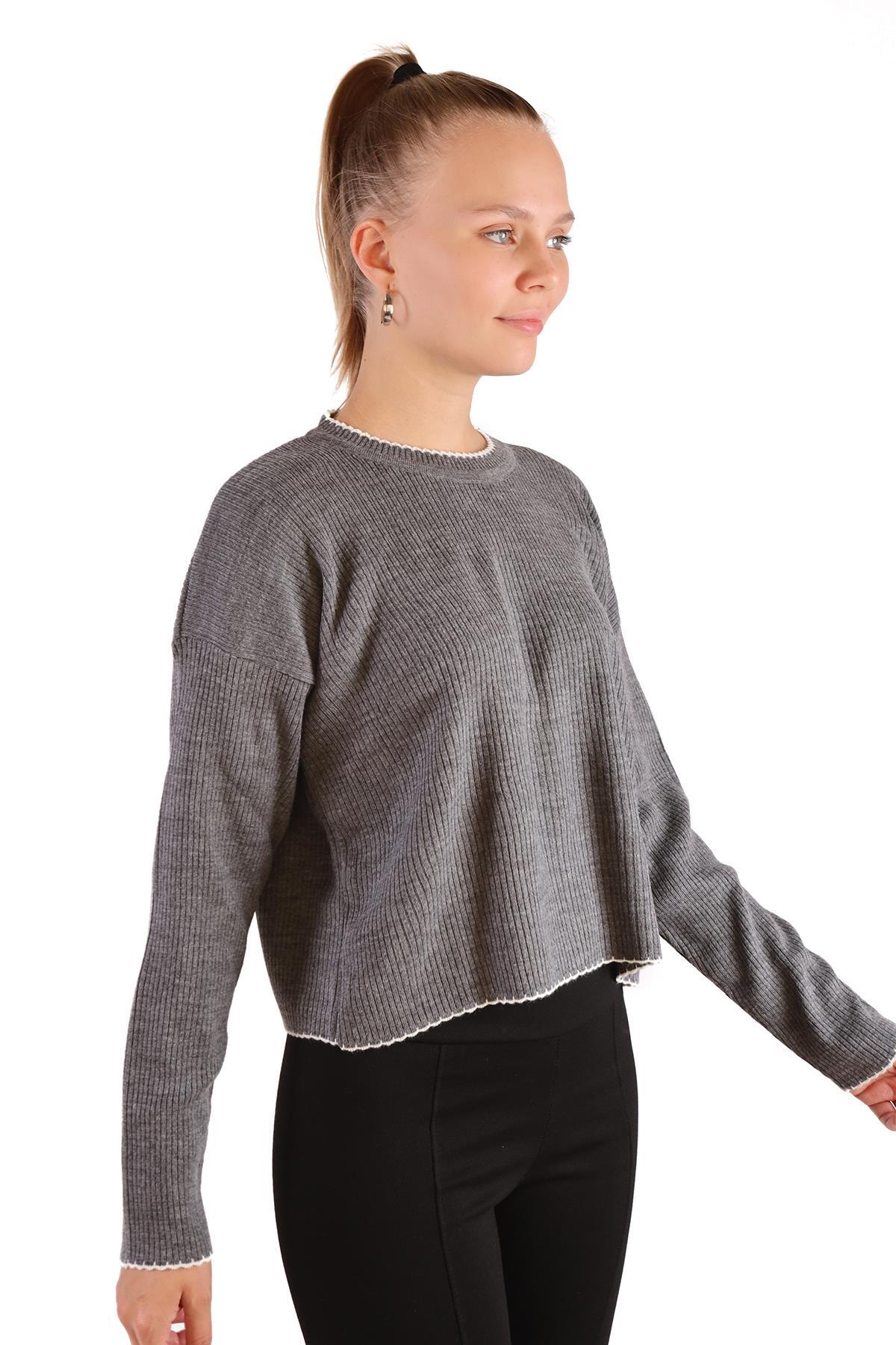 Gri Çoban Dikiş Detay Kazak 24245 - 6