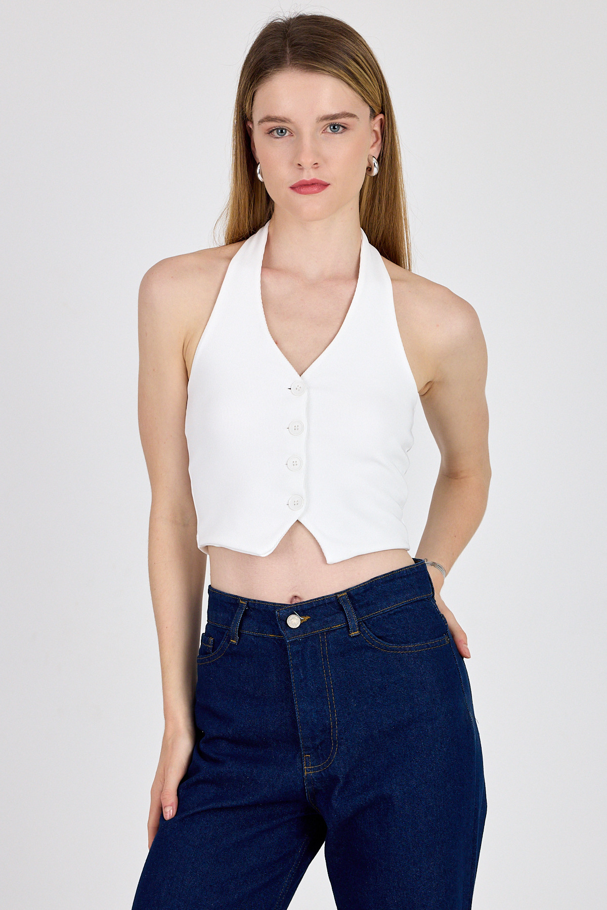 Beyaz Boyundan Geçmeli Düğme Detaylı Yelek 2425 - 6