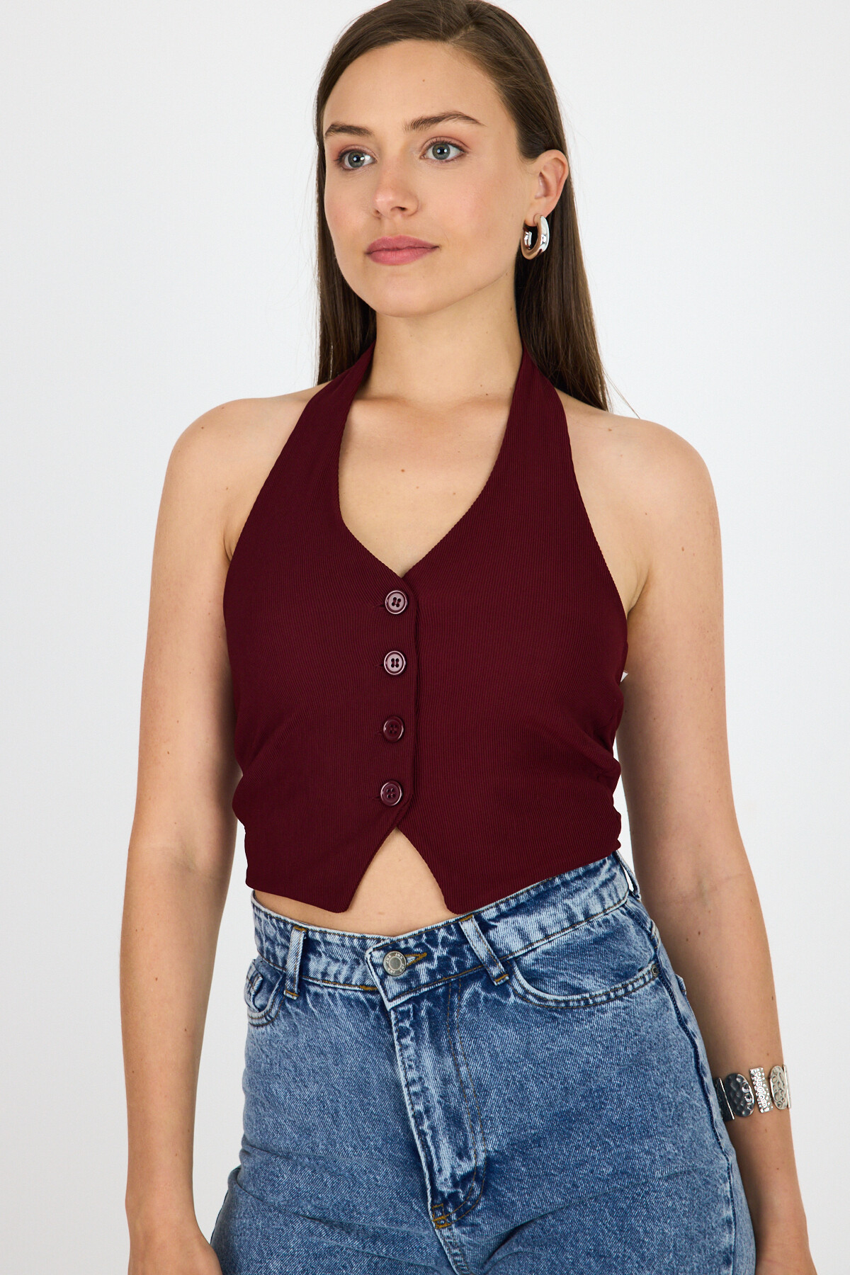 Bordo Boyundan Geçmeli Düğme Detaylı Yelek 2425 - 2