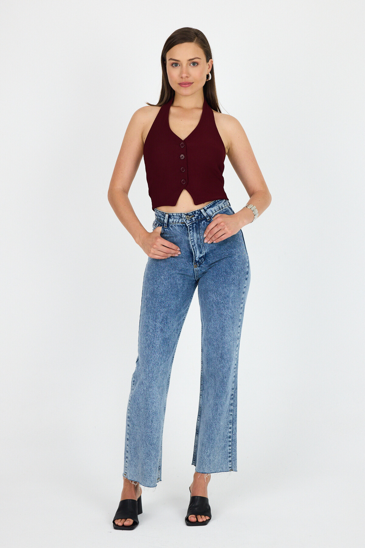 Bordo Boyundan Geçmeli Düğme Detaylı Yelek 2425 - RAYS