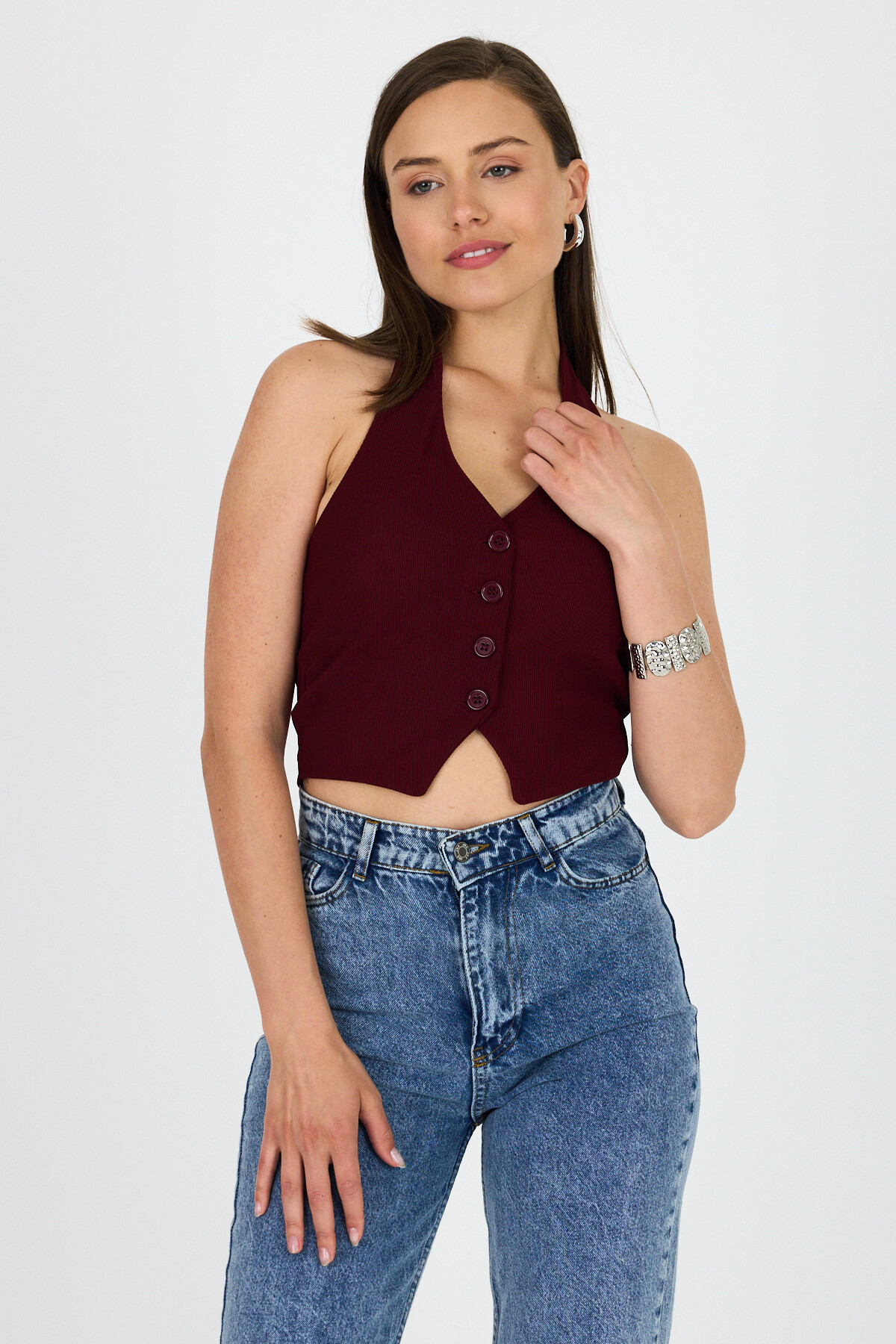 Bordo Boyundan Geçmeli Düğme Detaylı Yelek 2425 - 6