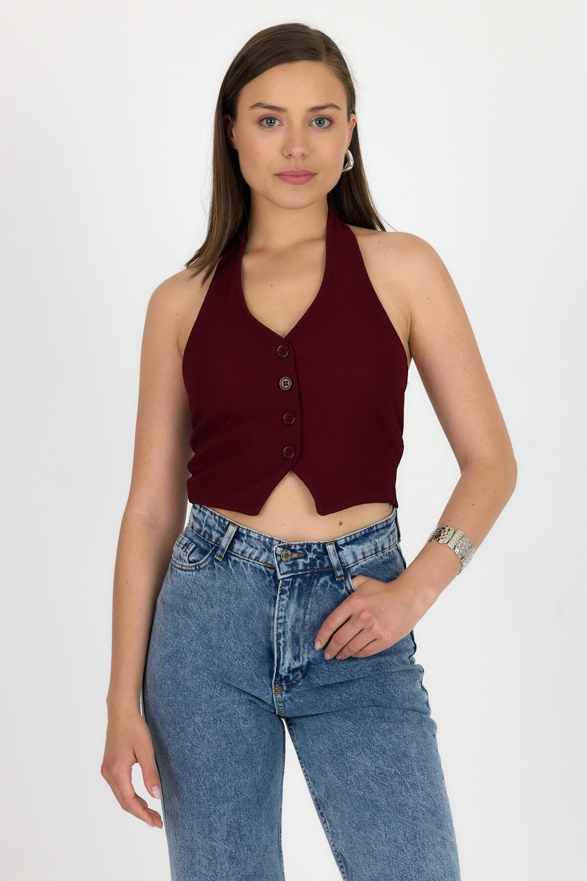 Bordo Boyundan Geçmeli Düğme Detaylı Yelek 2425 