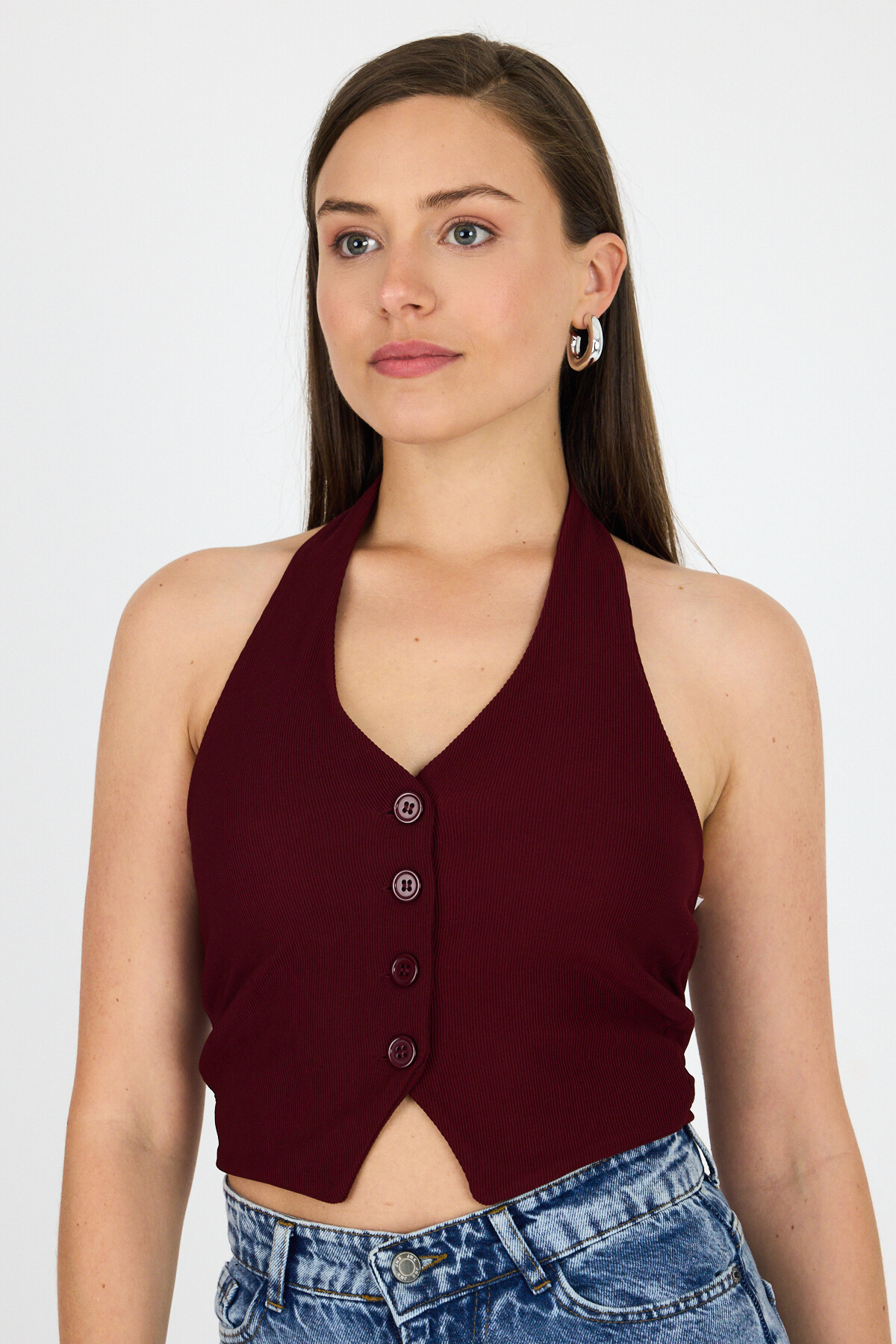 Bordo Boyundan Geçmeli Düğme Detaylı Yelek 2425 - RAYS