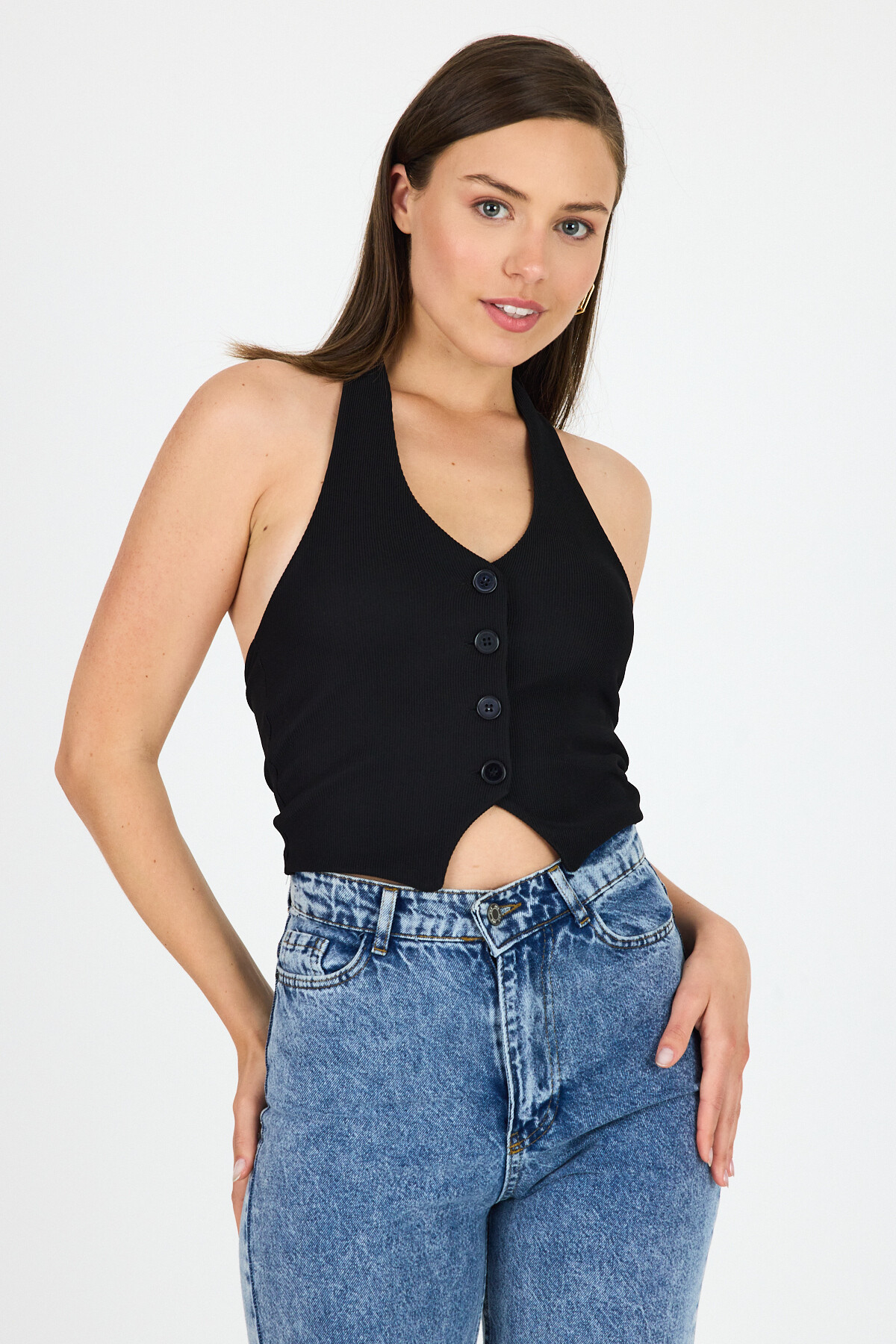 Siyah Boyundan Geçmeli Düğme Detaylı Yelek 2425 - 2