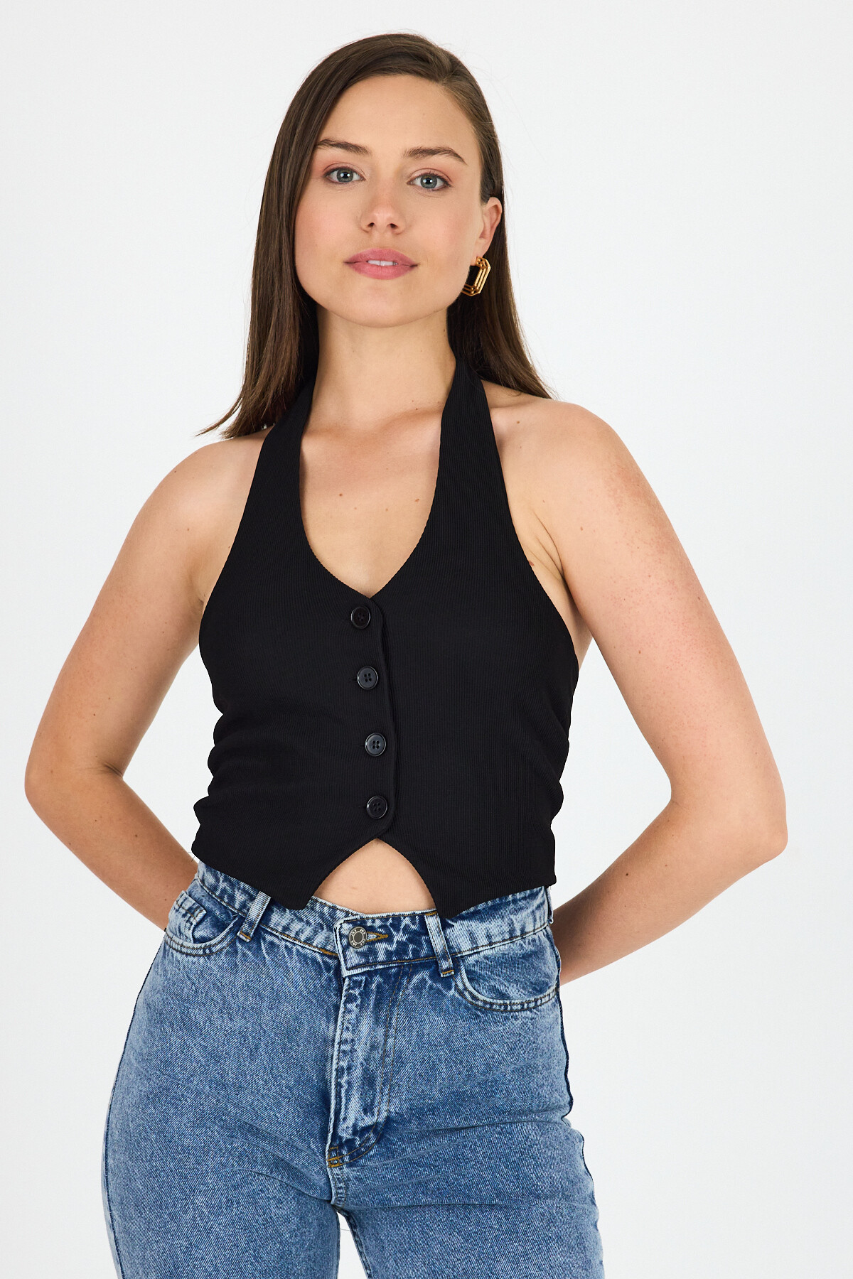 Siyah Boyundan Geçmeli Düğme Detaylı Yelek 2425 - RAYS