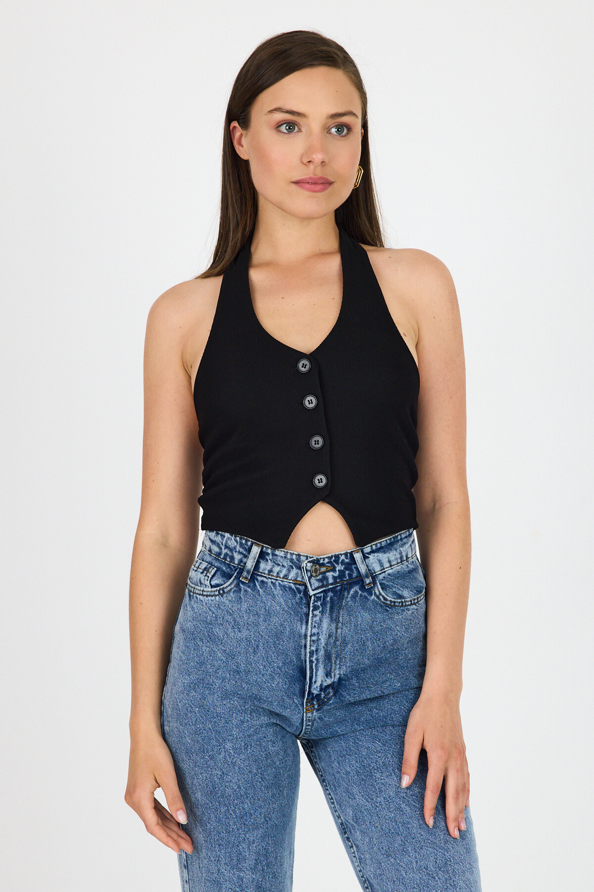 Siyah Boyundan Geçmeli Düğme Detaylı Yelek 2425 - 3