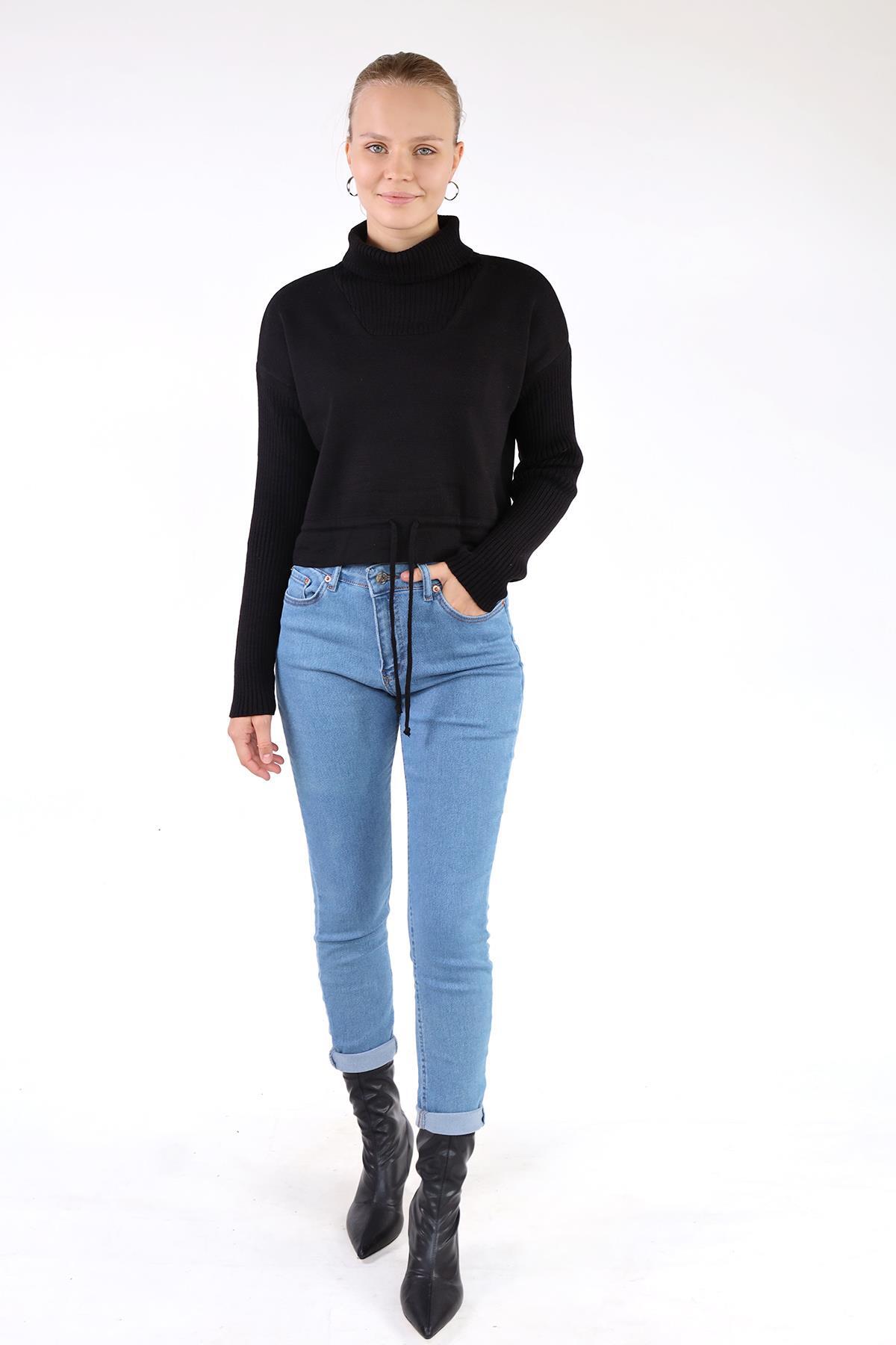 Siyah Etek Bağcık Detay Kazak 24284 - 2