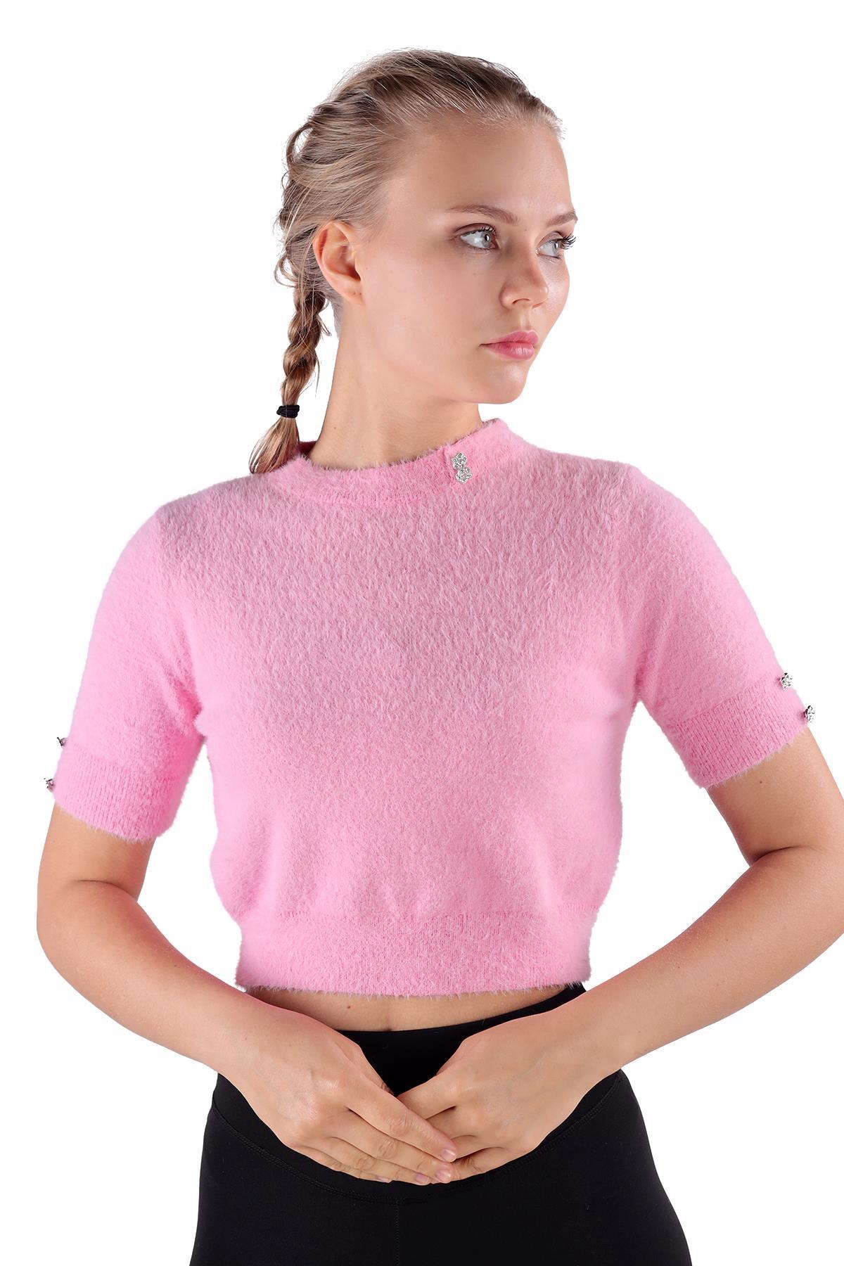 24292 Yaka Taş Detay Sakallı Kazak Pembe 