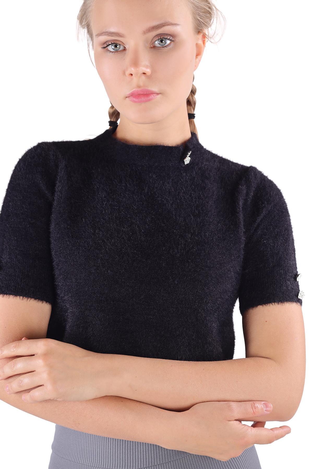 Siyah Yaka Taş Detay Sakallı Kazak 24292 - 1