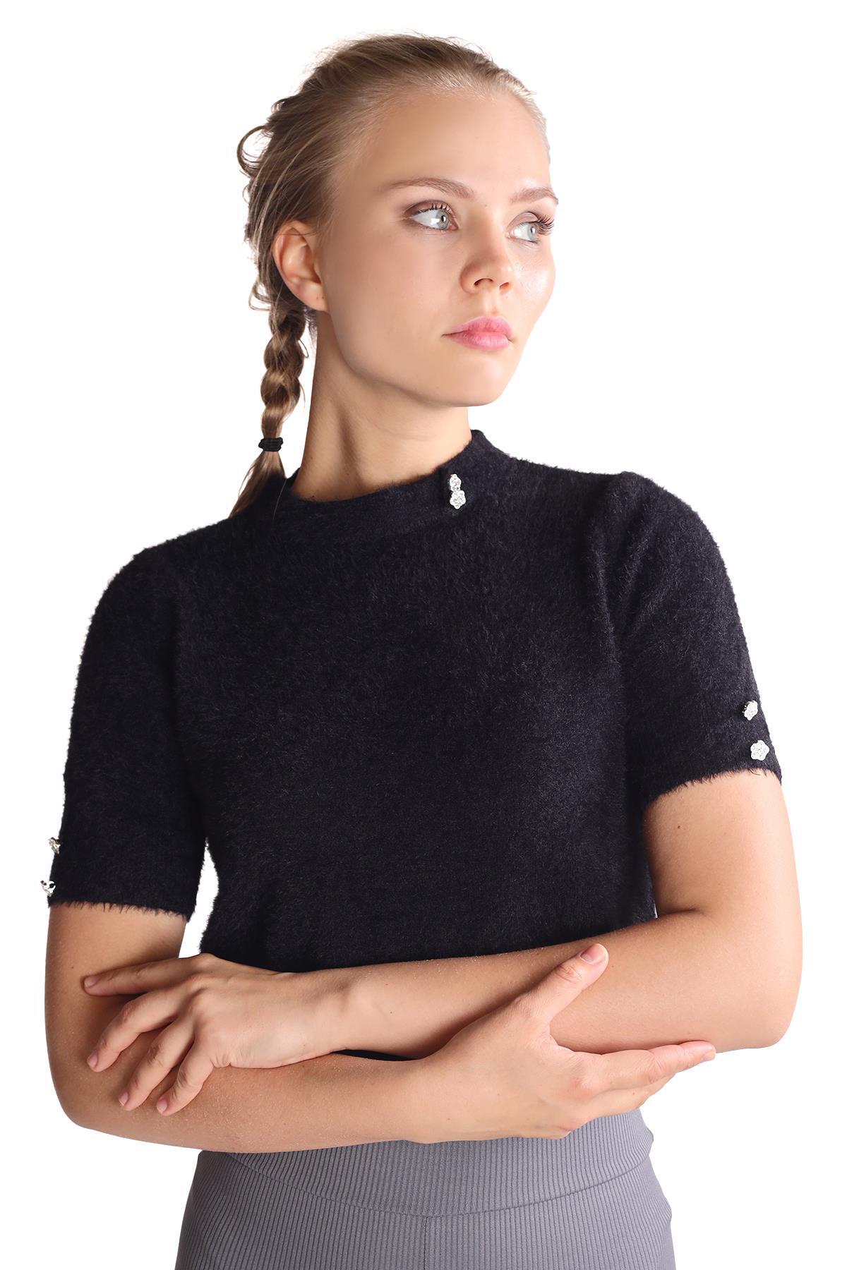 Siyah Yaka Taş Detay Sakallı Kazak 24292 - 3