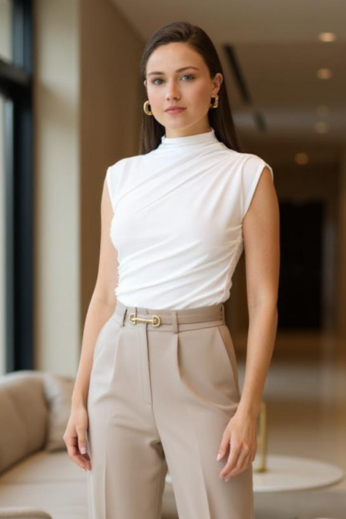 Beyaz Kolsuz Büzgülü Sandy Bluz 2430 - 1