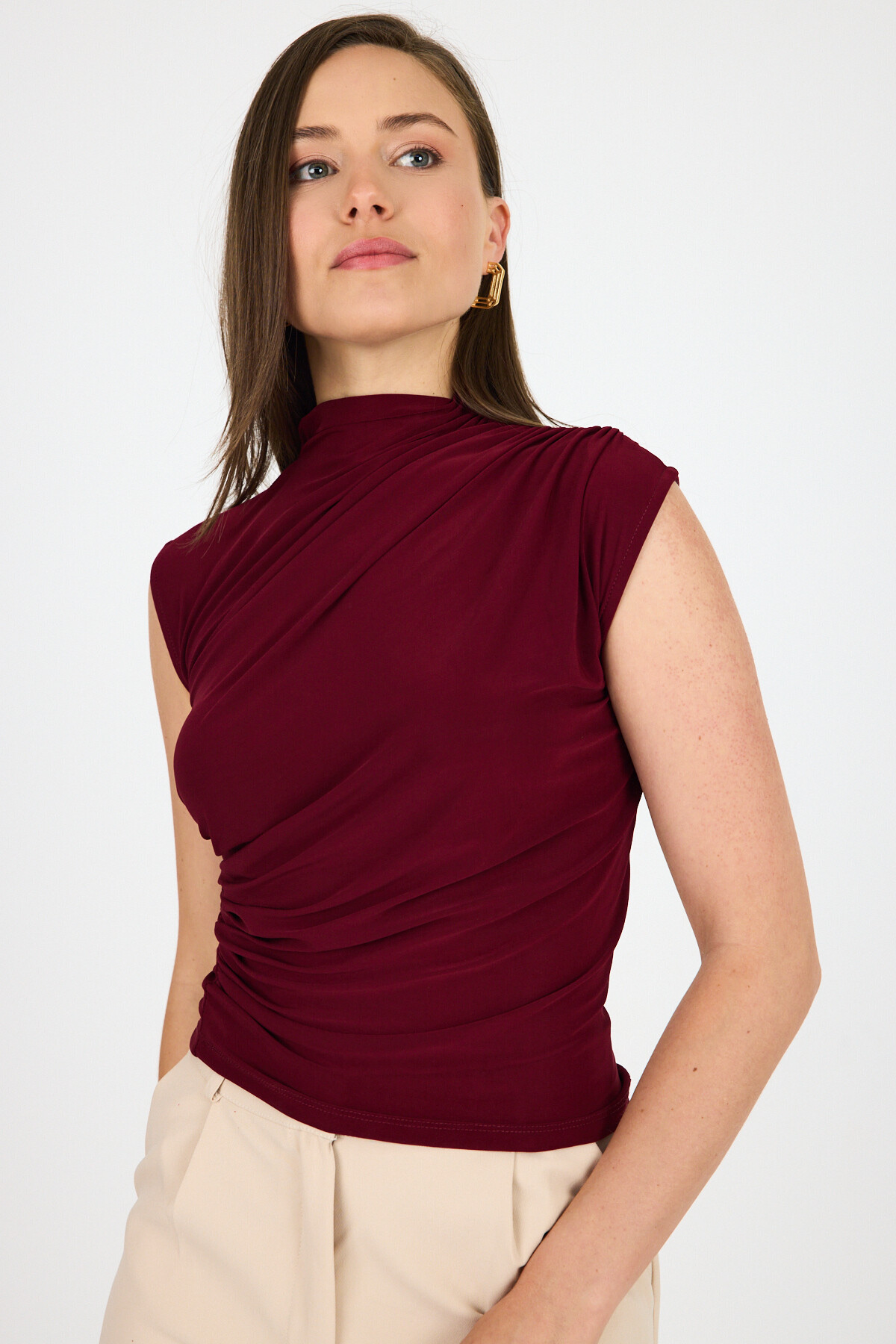 Bordo Kolsuz Büzgülü Sandy Bluz 2430 