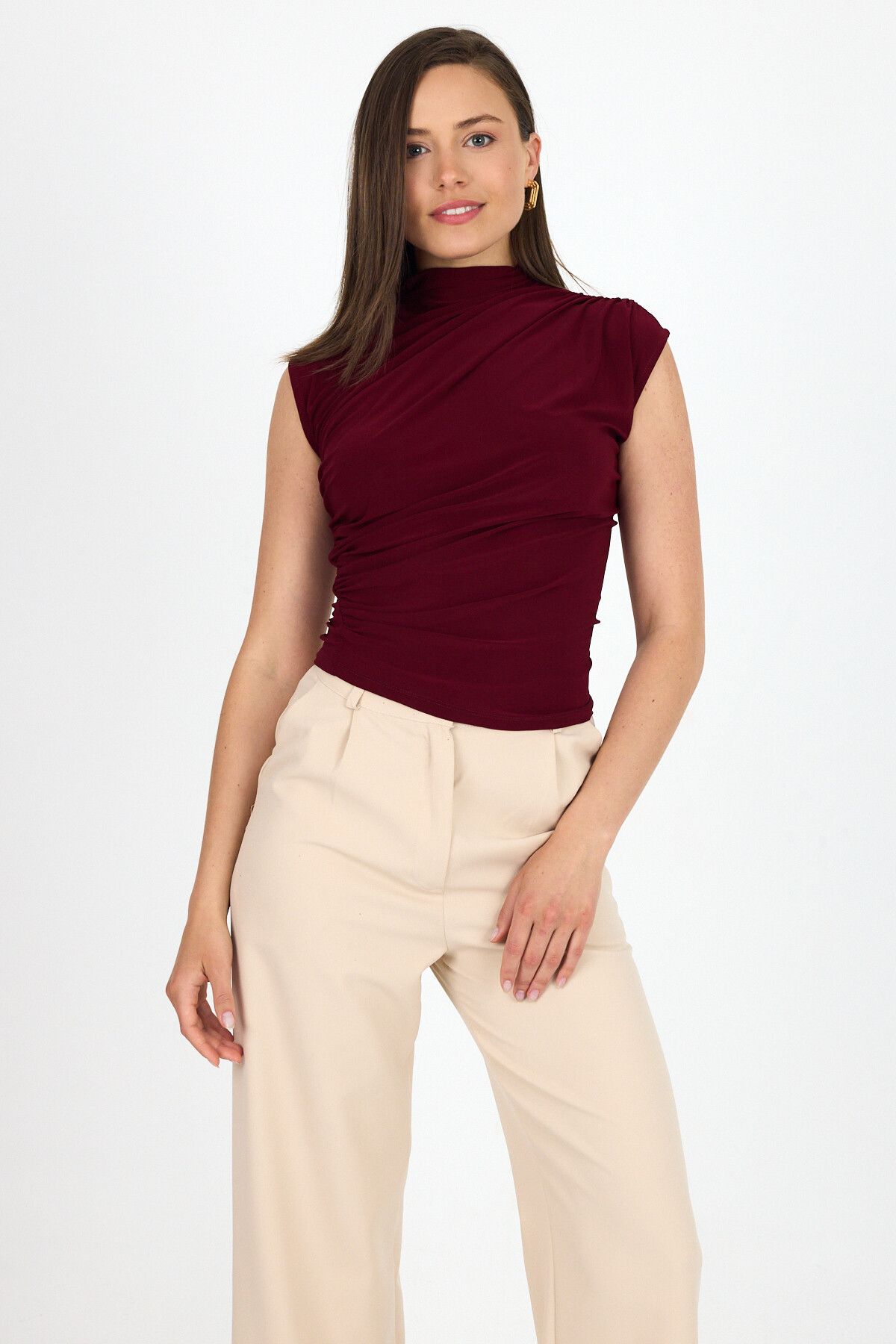 Bordo Kolsuz Büzgülü Sandy Bluz 2430 - RAYS
