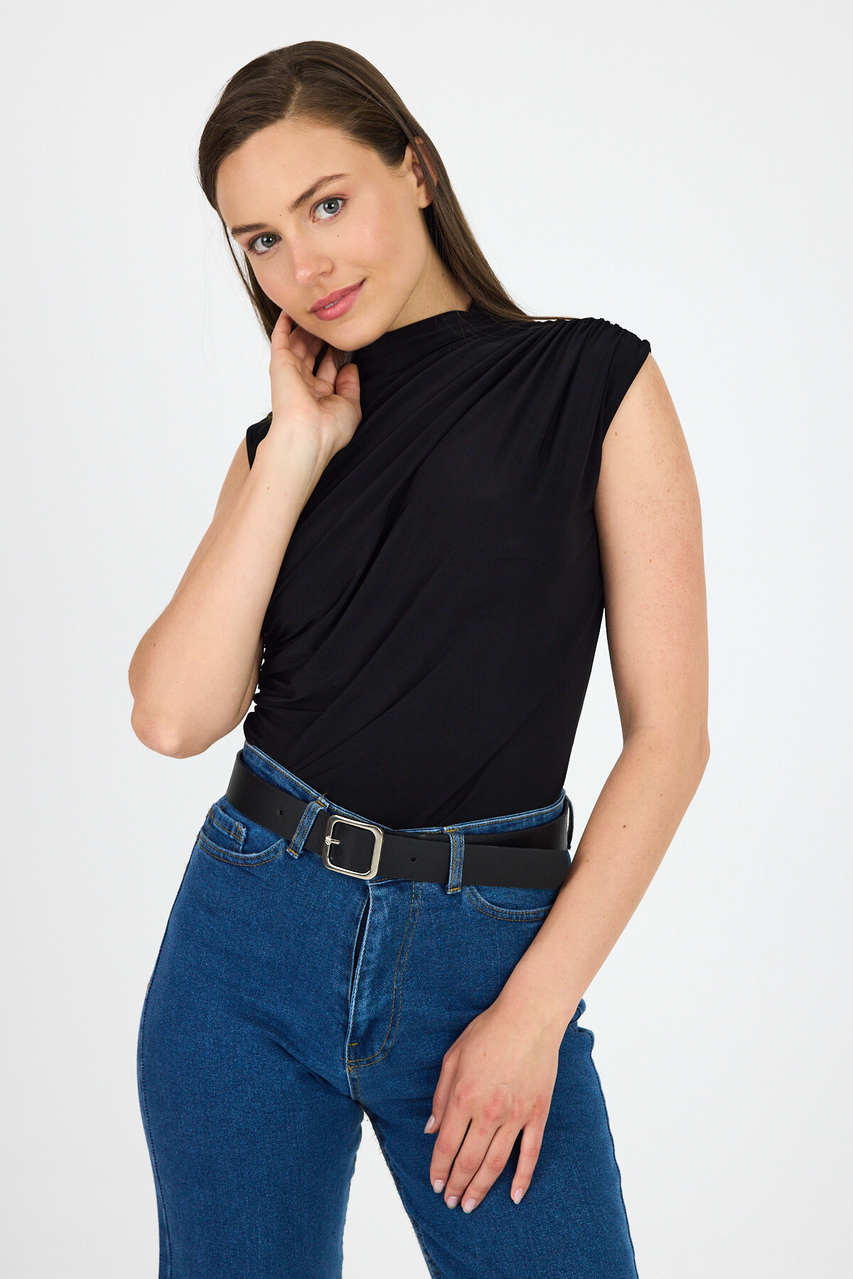 Siyah Kolsuz Büzgülü Sandy Bluz 2430 - 3