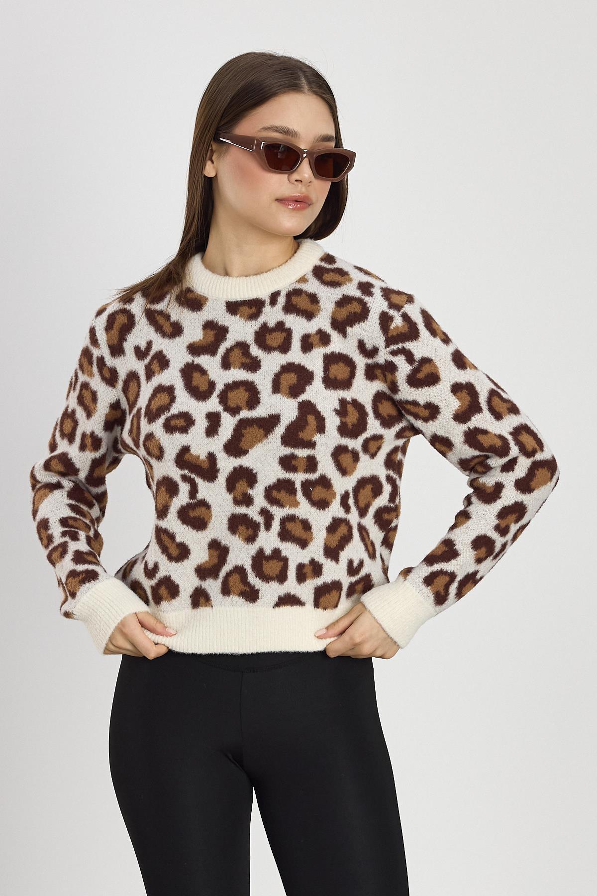 Bej Leopar Detay Triko Kazak 24342 