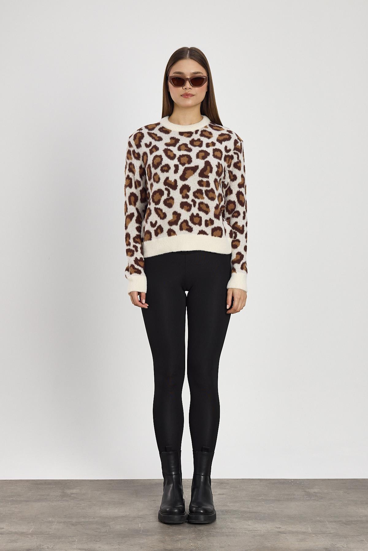 Bej Leopar Detay Triko Kazak 24342 - 2