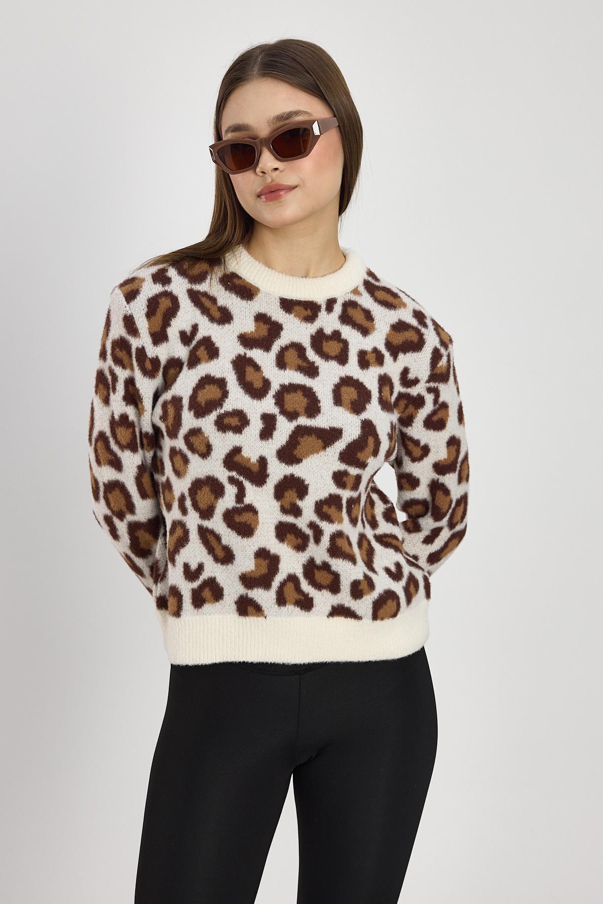 Bej Leopar Detay Triko Kazak 24342 - 3
