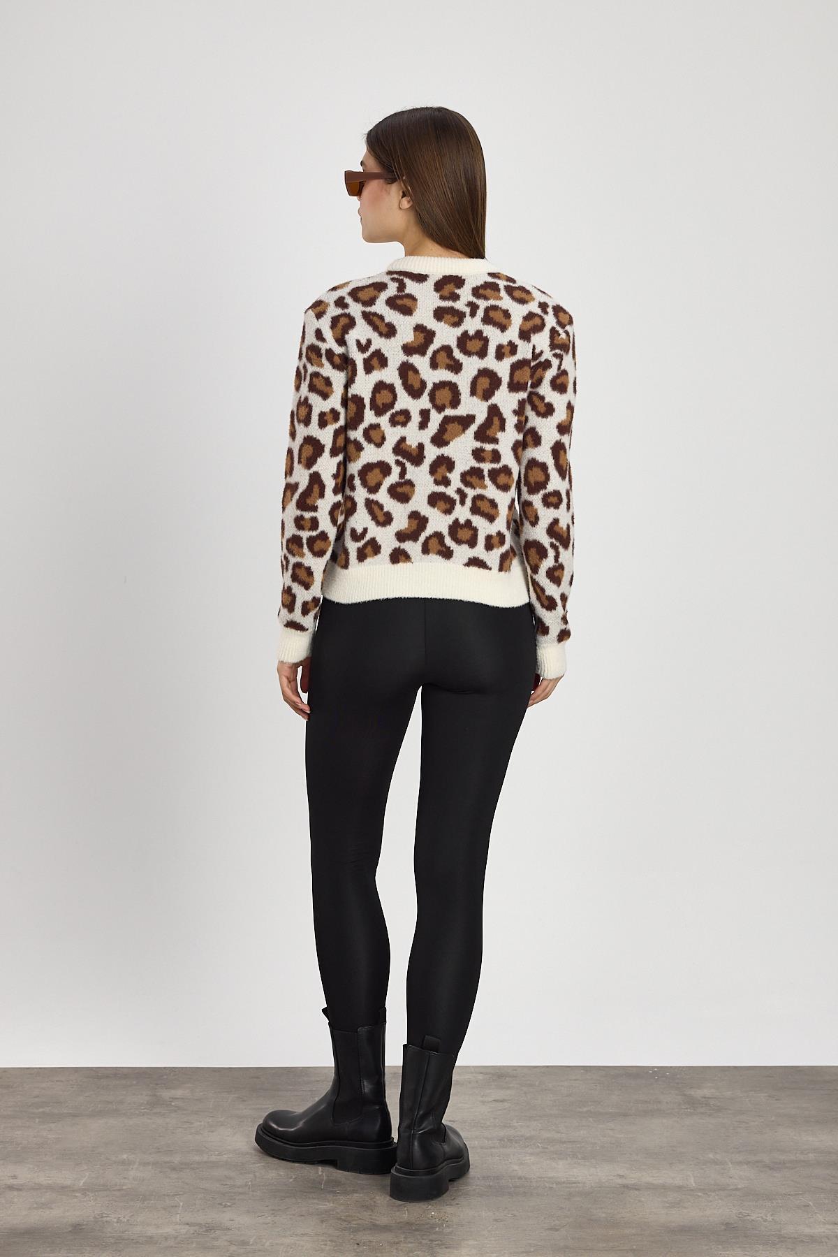 Bej Leopar Detay Triko Kazak 24342 - 5