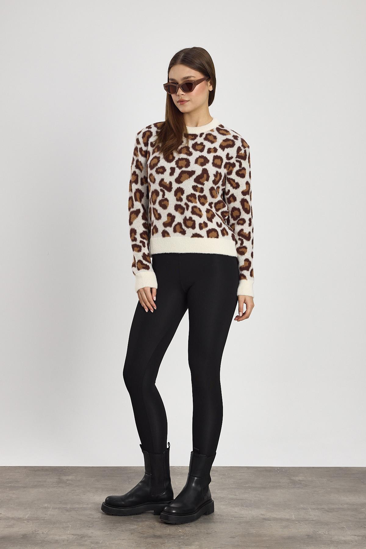 Bej Leopar Detay Triko Kazak 24342 - 6