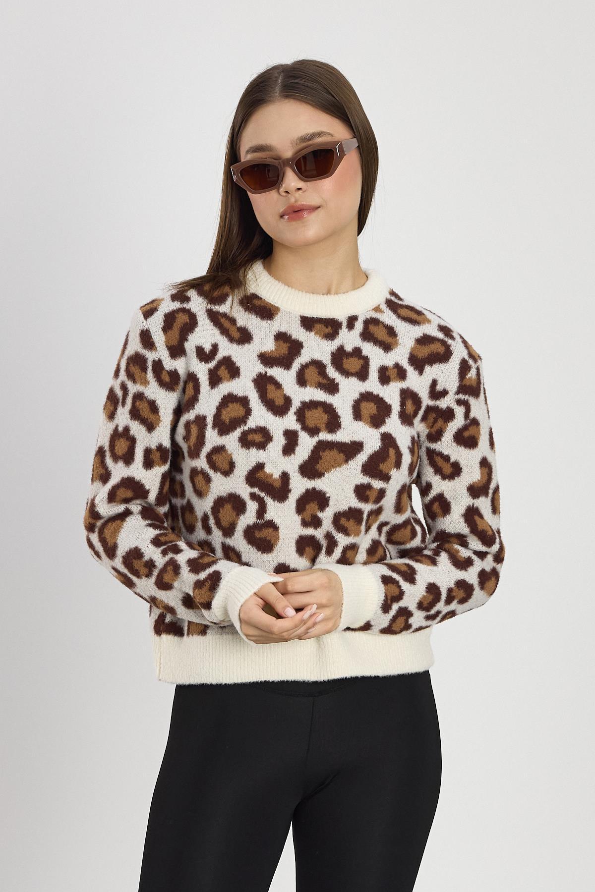 Bej Leopar Detay Triko Kazak 24342 - 7