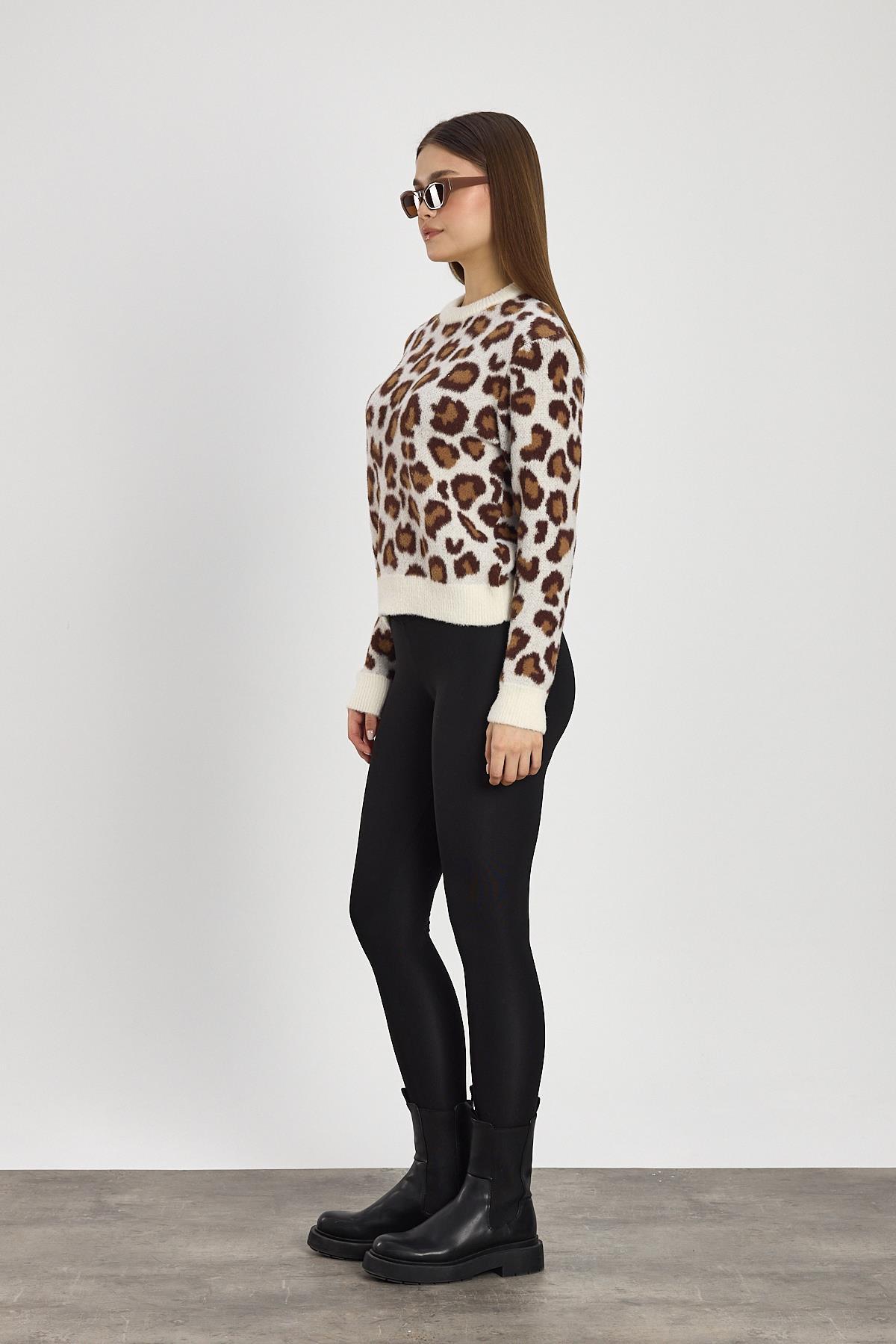 Bej Leopar Detay Triko Kazak 24342 - 8