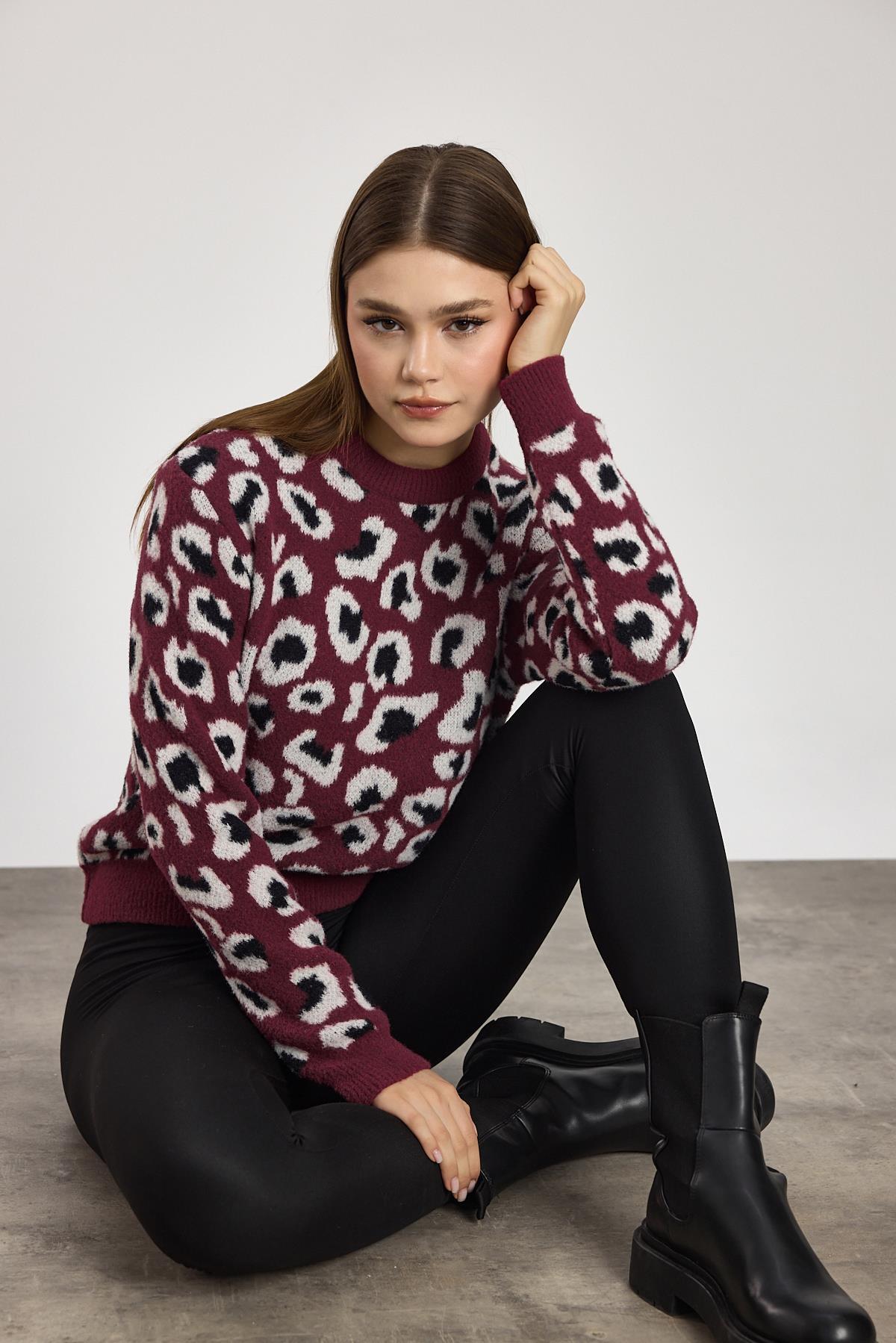 Leopar Detay Triko Kazak 24342 Bordo - RAYS