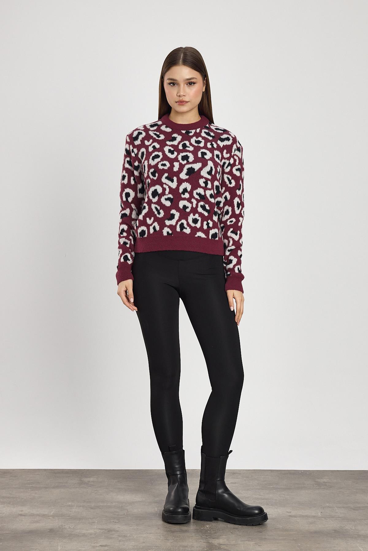 Leopar Detay Triko Kazak 24342 Bordo - RAYS