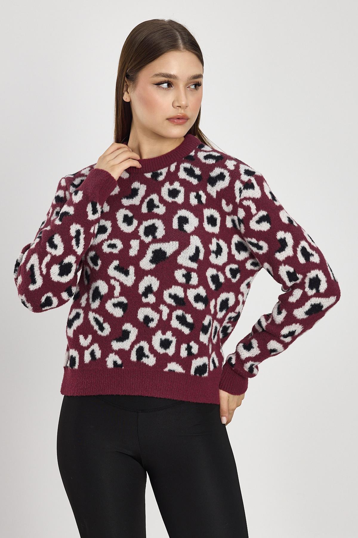 Leopar Detay Triko Kazak 24342 Bordo - 6