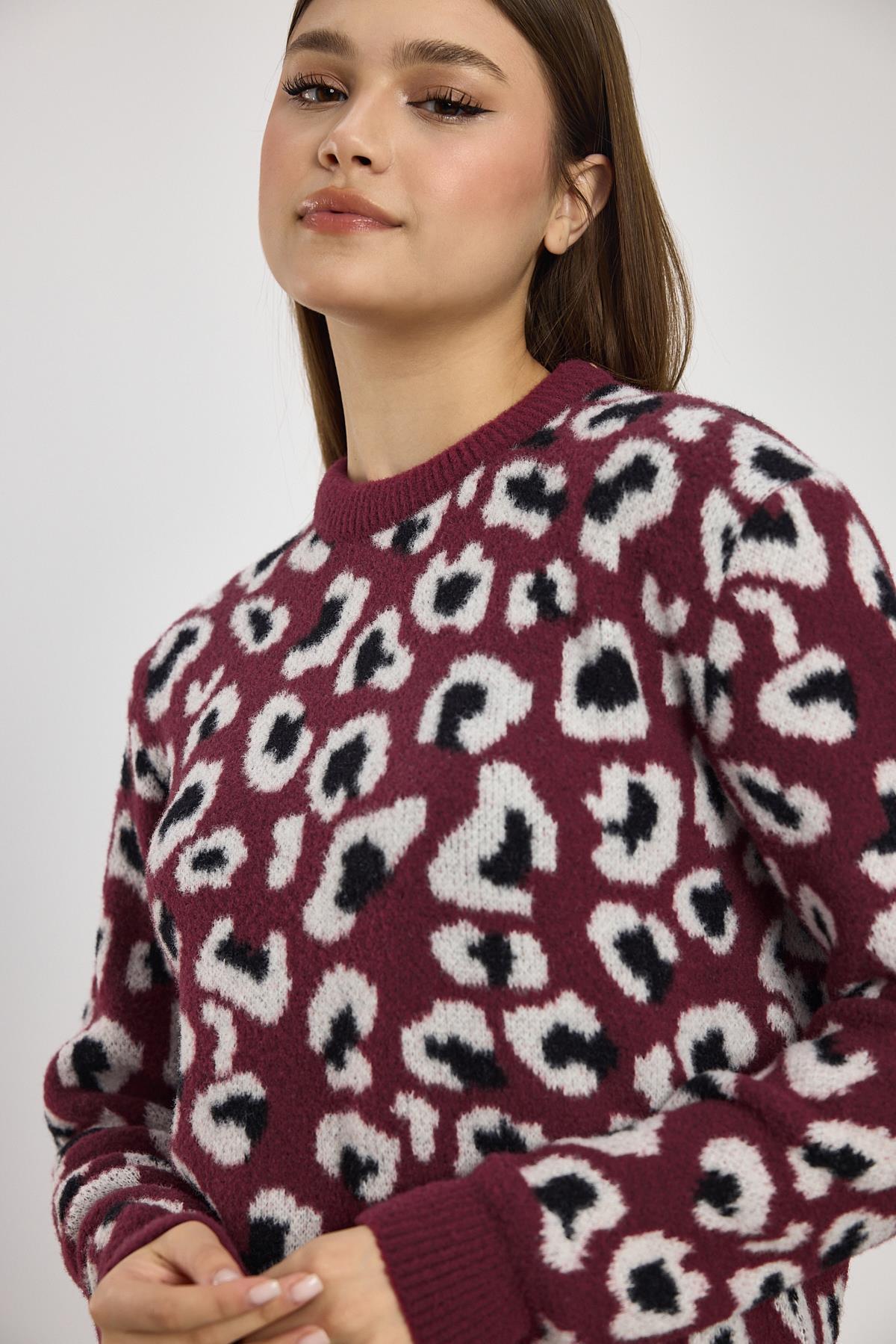 24342 Leopar Detay Triko Kazak Bordo - RAYS