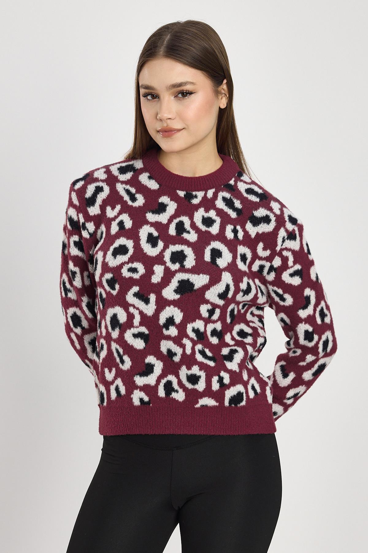 Bordo Leopar Detay Triko Kazak 24342 - 2