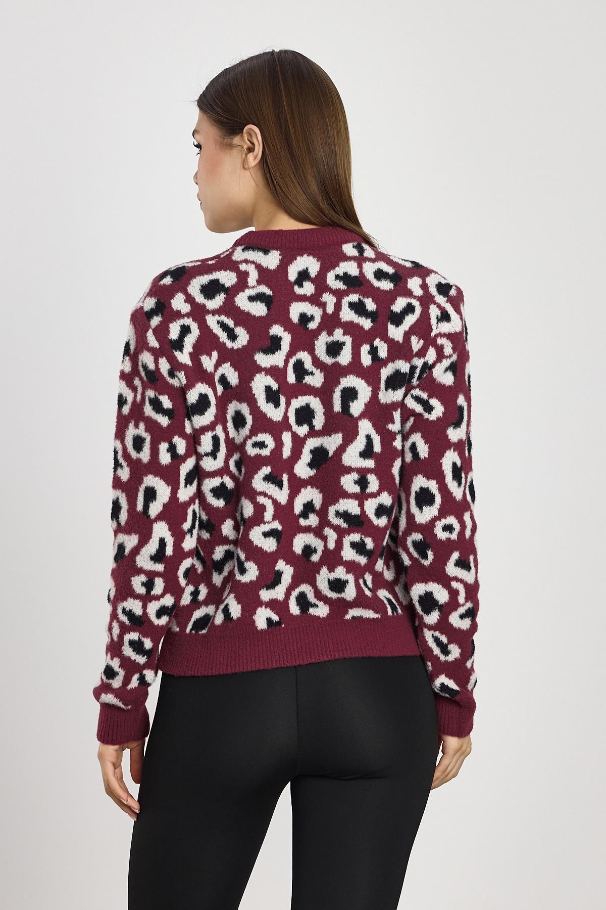 Bordo Leopar Detay Triko Kazak 24342 - 5