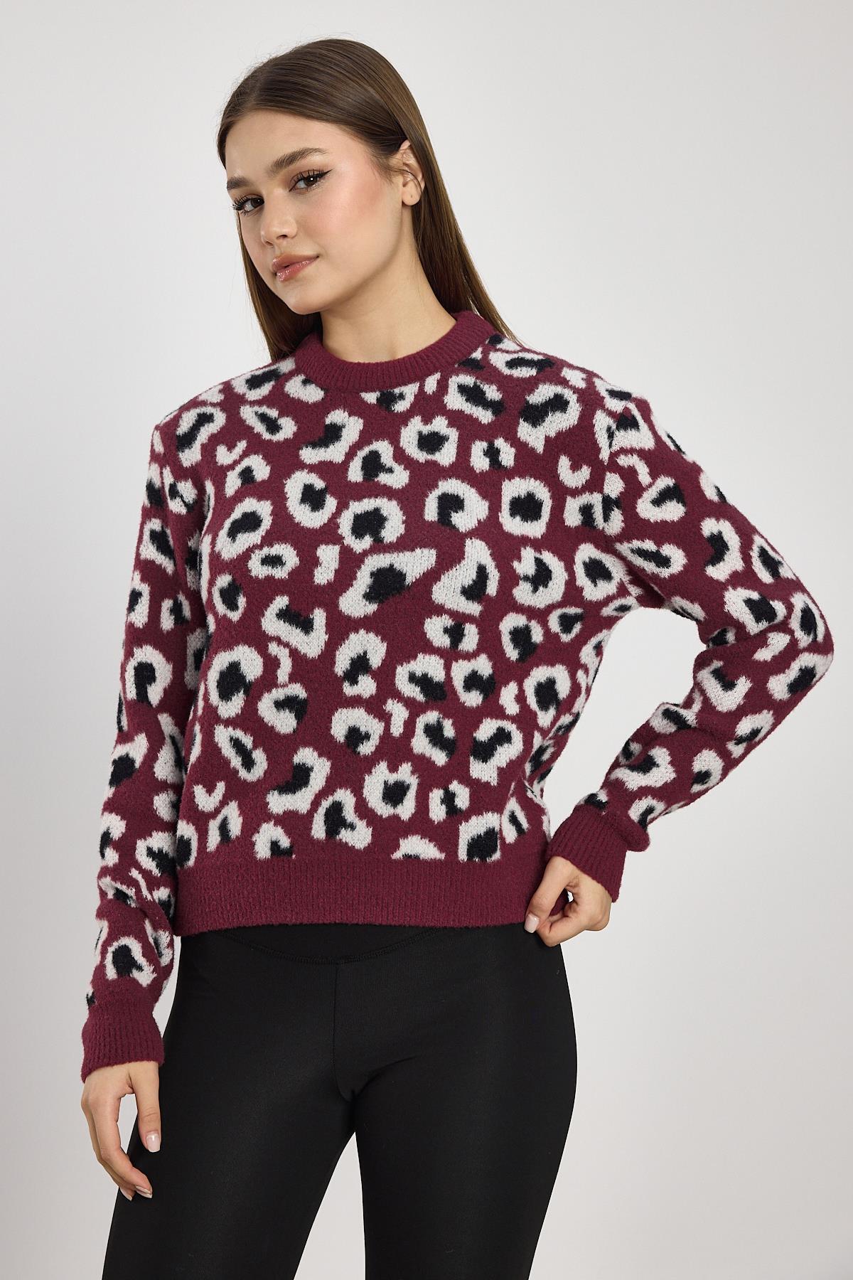 Bordo Leopar Detay Triko Kazak 24342 - 7