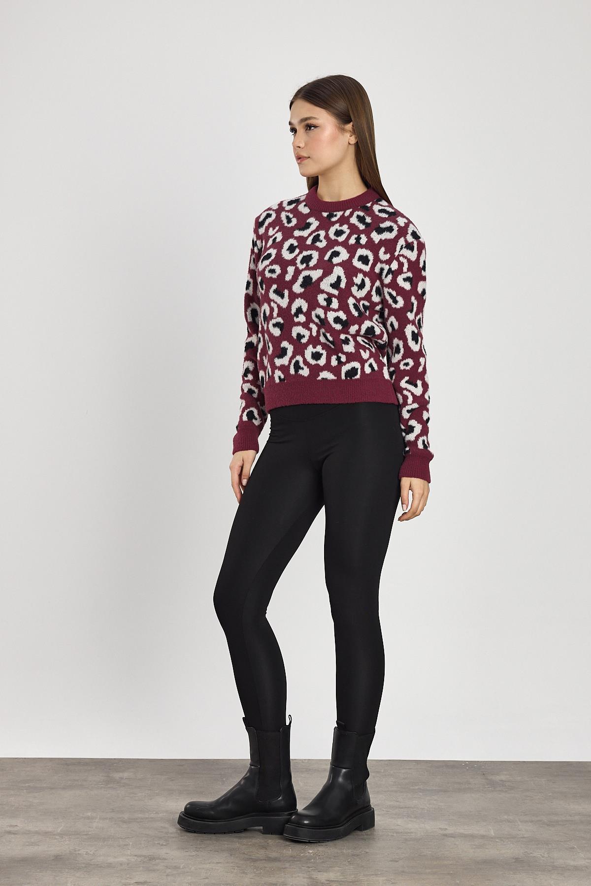 Bordo Leopar Detay Triko Kazak 24342 - 8