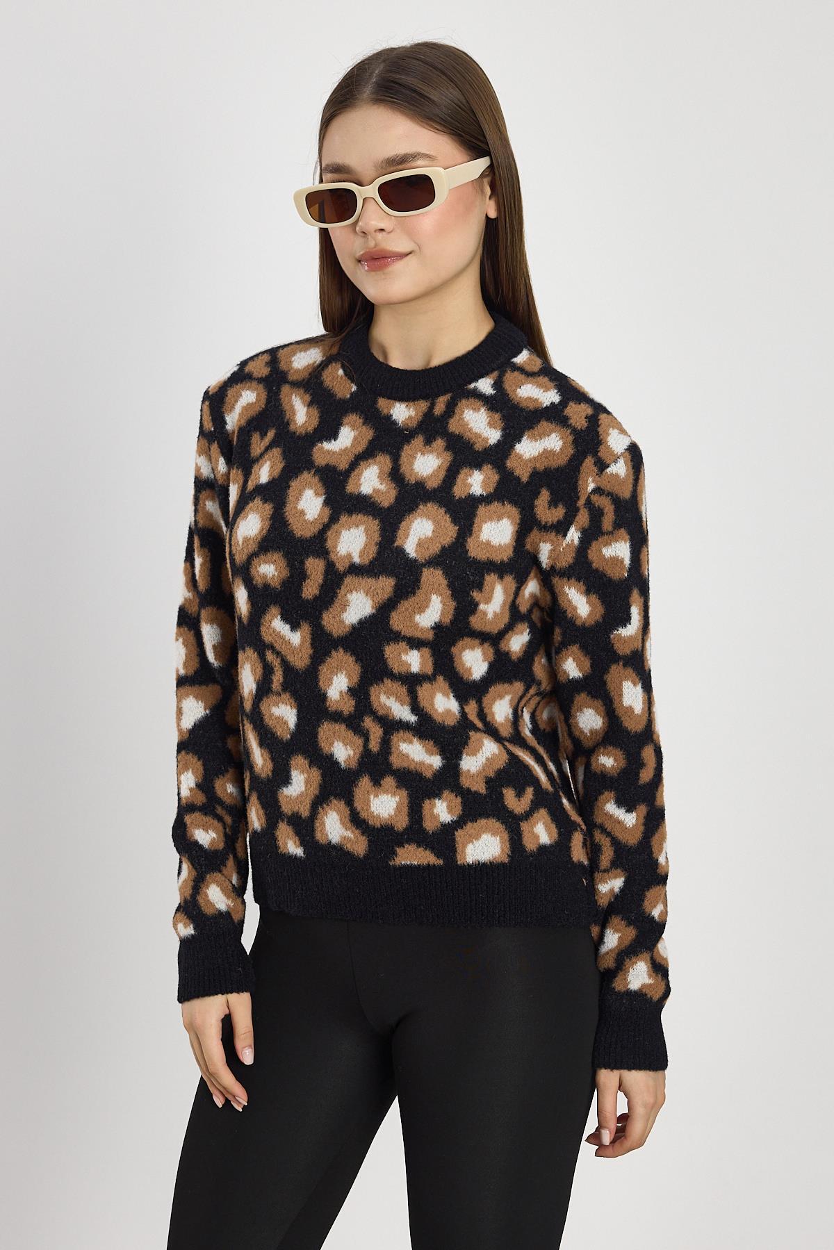 Leopar Detay Triko Kazak 24342 Siyah - RAYS