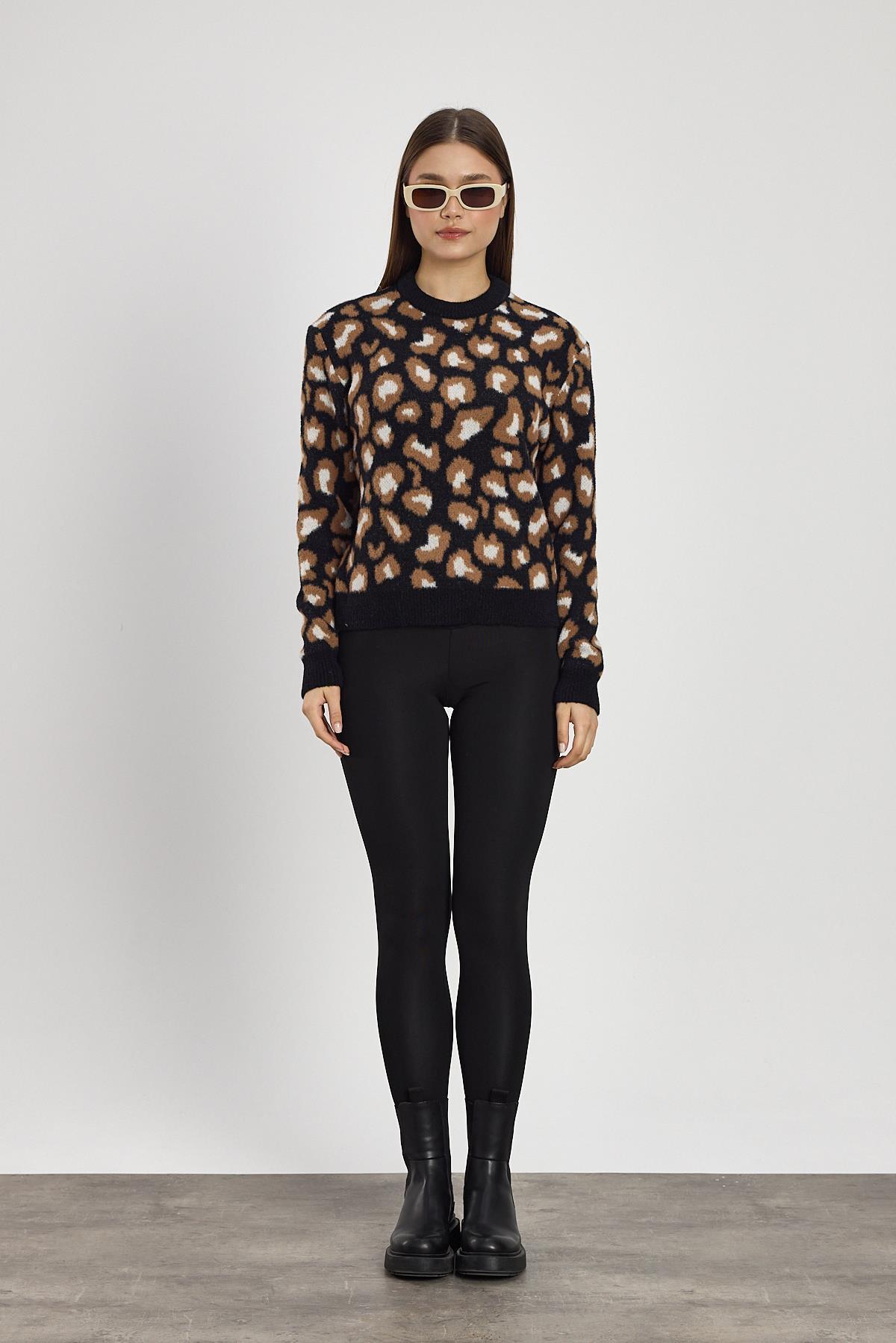 Leopar Detay Triko Kazak 24342 Siyah - RAYS